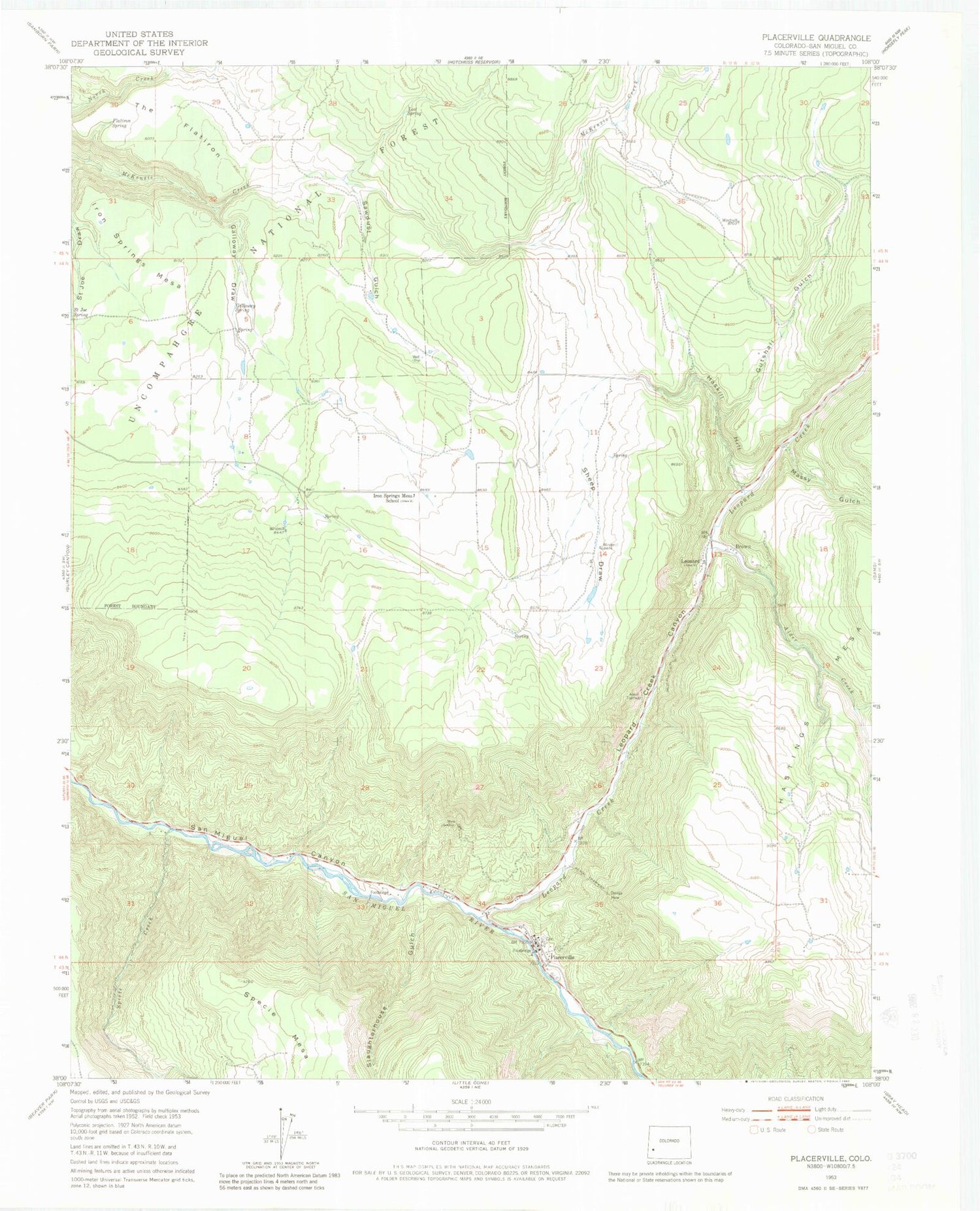 Classic USGS Placerville Colorado 7.5'x7.5' Topo Map Image