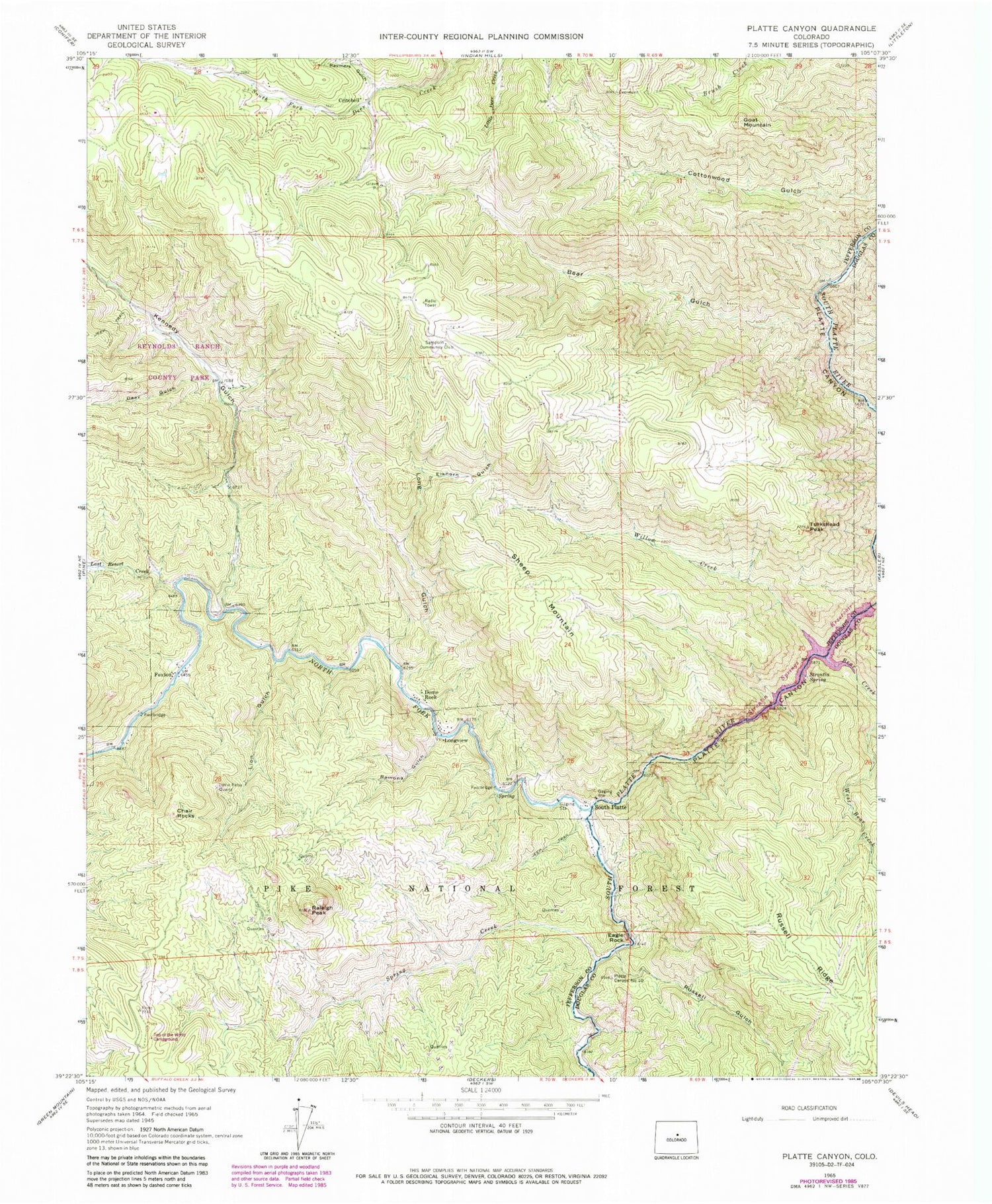 Classic USGS Platte Canyon Colorado 7.5'x7.5' Topo Map Image