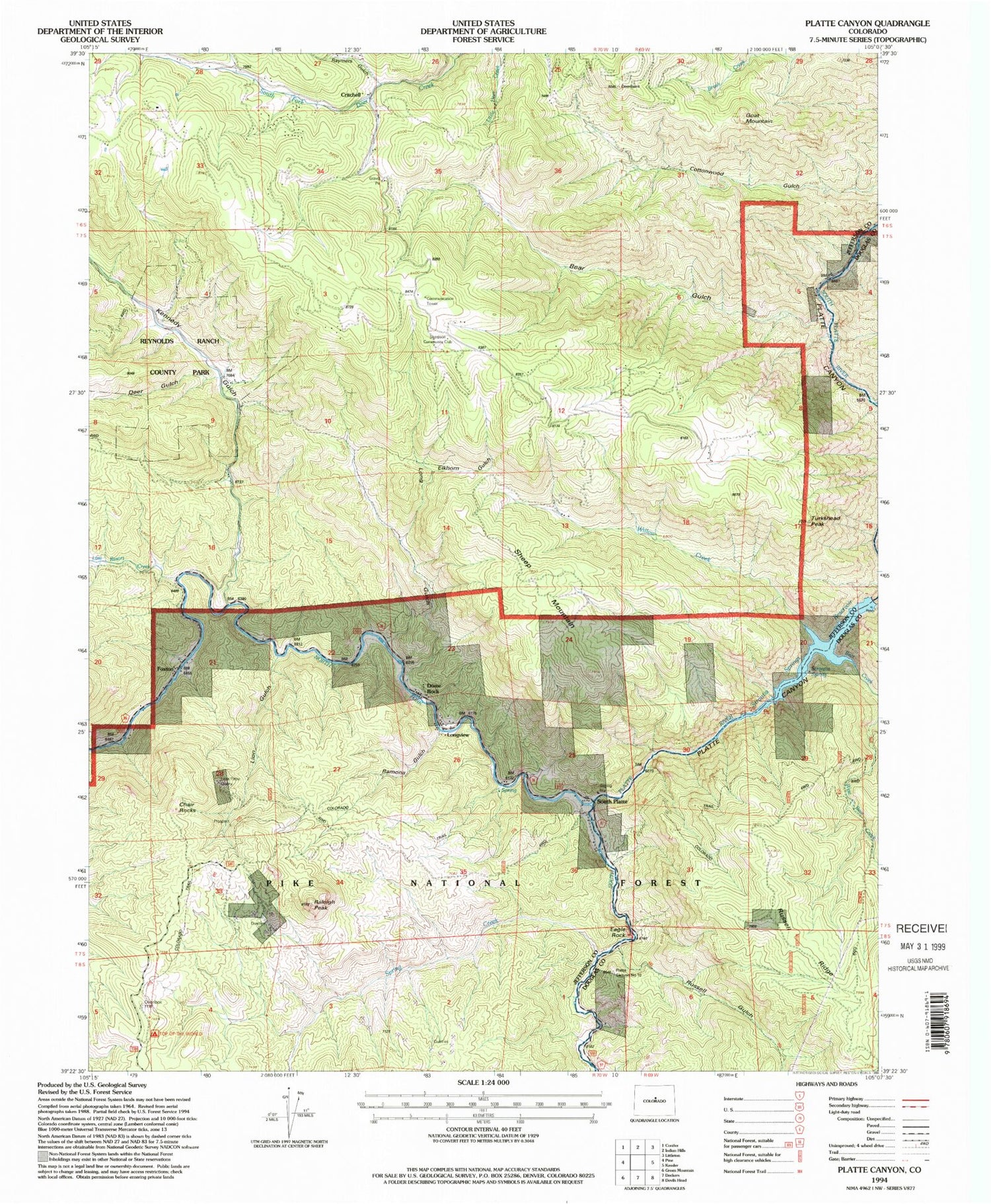 Classic USGS Platte Canyon Colorado 7.5'x7.5' Topo Map Image