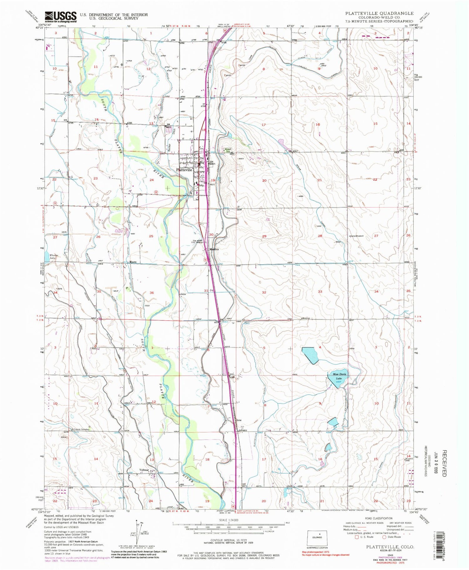 Classic USGS Platteville Colorado 7.5'x7.5' Topo Map Image