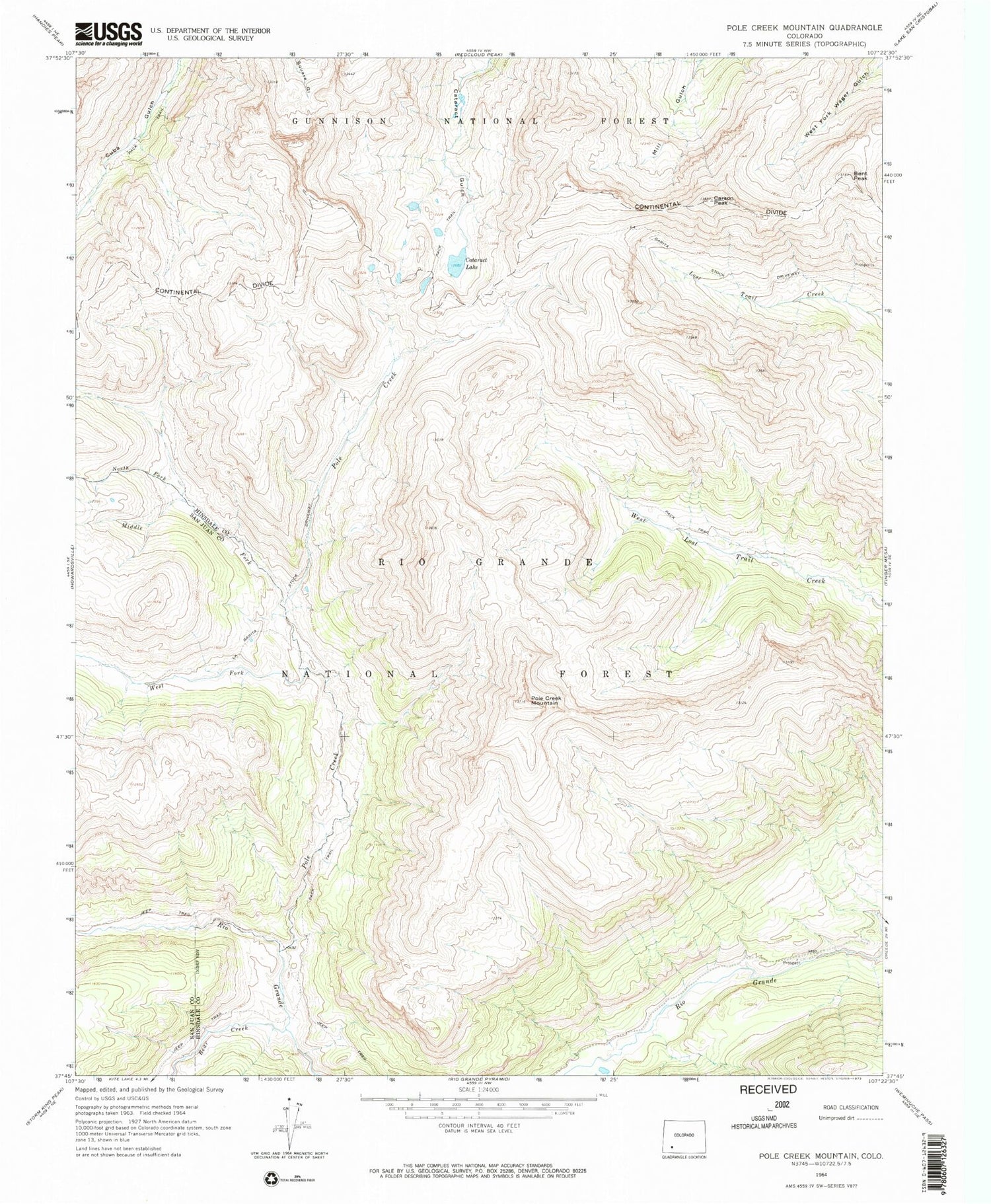 Classic USGS Pole Creek Mountain Colorado 7.5'x7.5' Topo Map Image