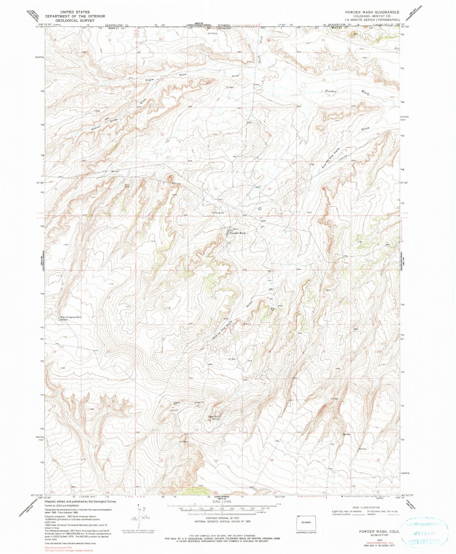 Classic USGS Powder Wash Colorado 7.5'x7.5' Topo Map Image