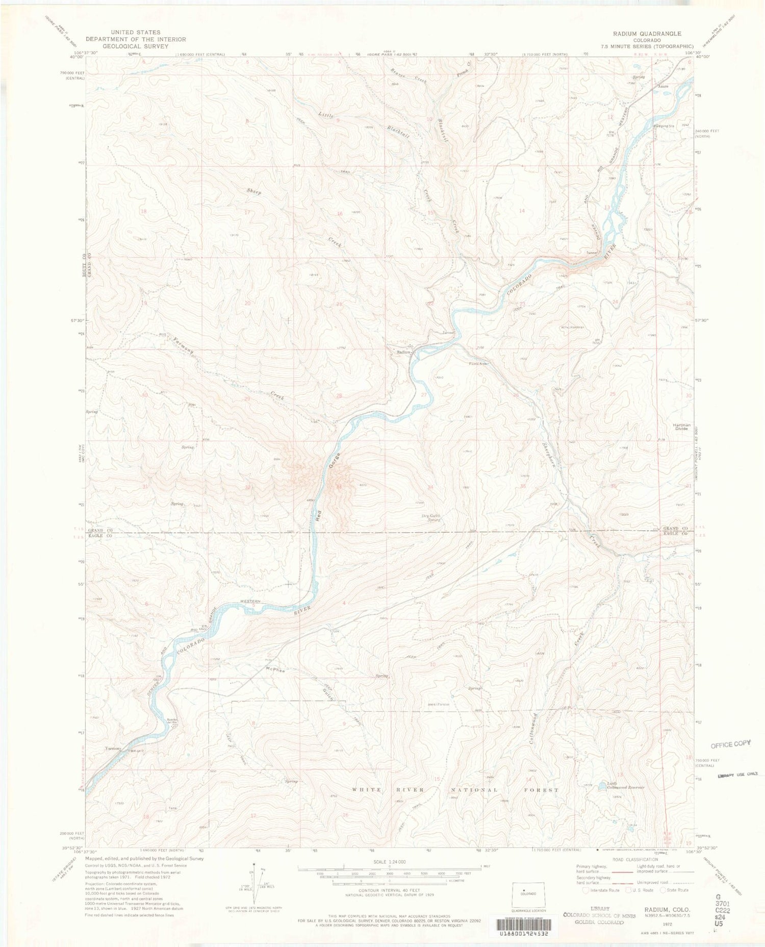 Classic USGS Radium Colorado 7.5'x7.5' Topo Map Image