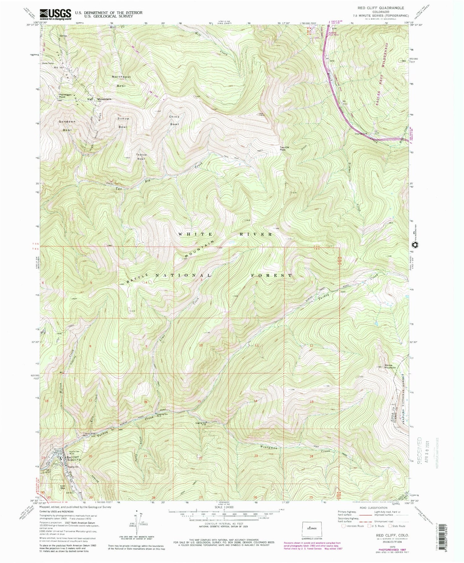 Classic USGS Red Cliff Colorado 7.5'x7.5' Topo Map Image