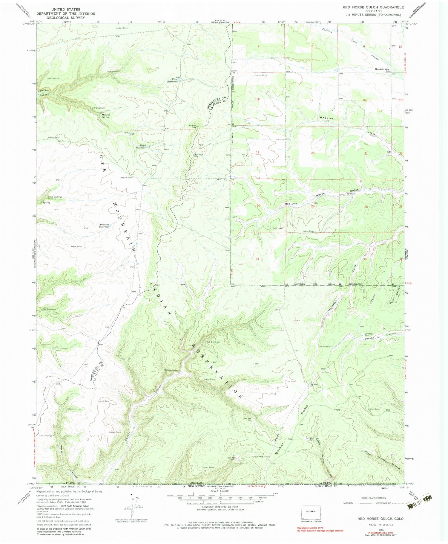 Classic USGS Red Horse Gulch Colorado 7.5'x7.5' Topo Map Image