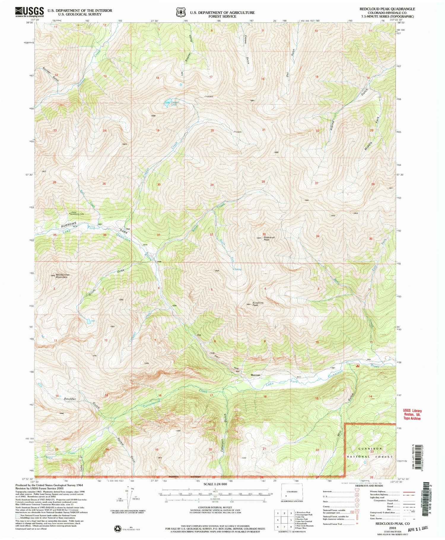 USGS Classic Redcloud Peak Colorado 7.5'x7.5' Topo Map Image
