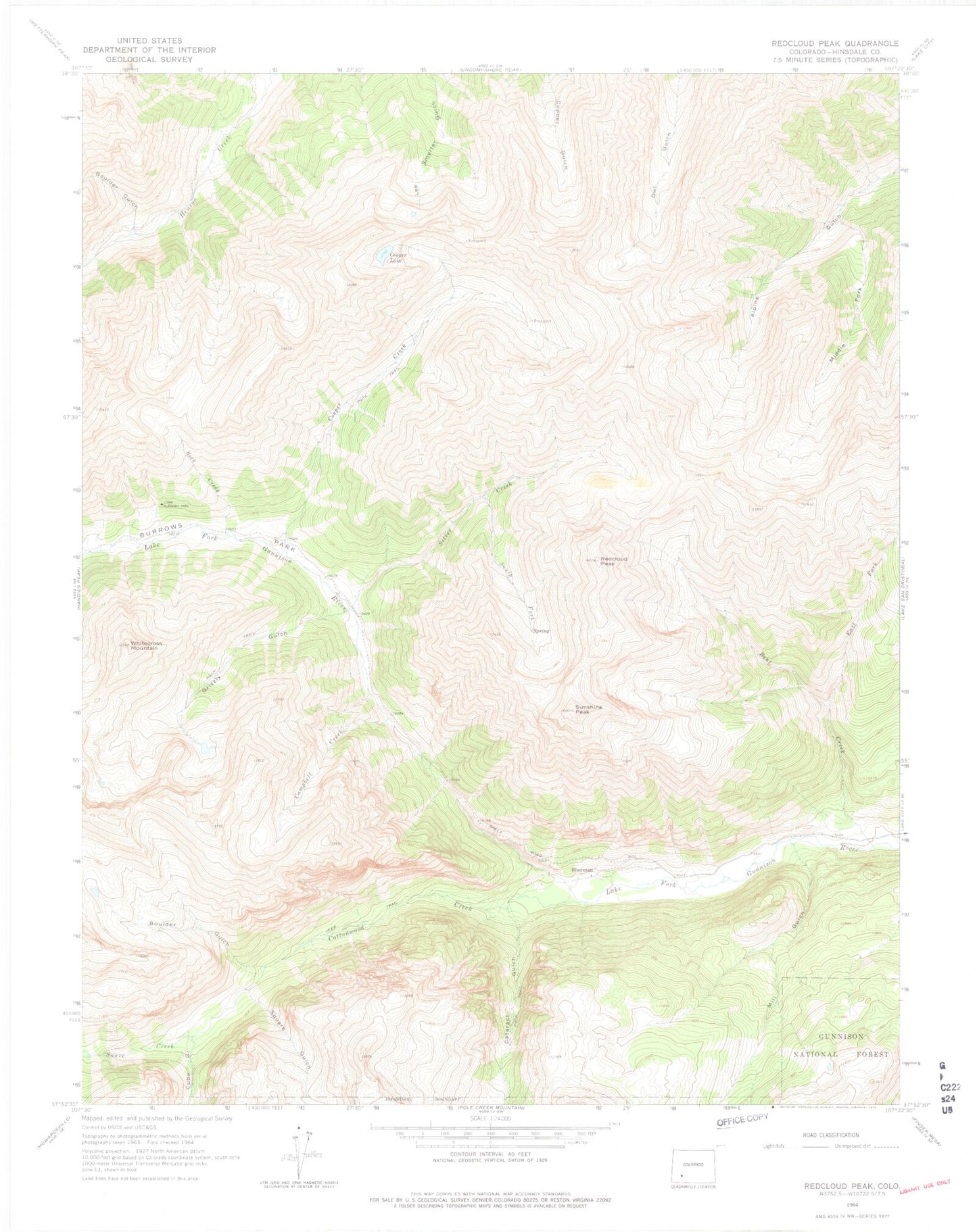 USGS Classic Redcloud Peak Colorado 7.5'x7.5' Topo Map Image