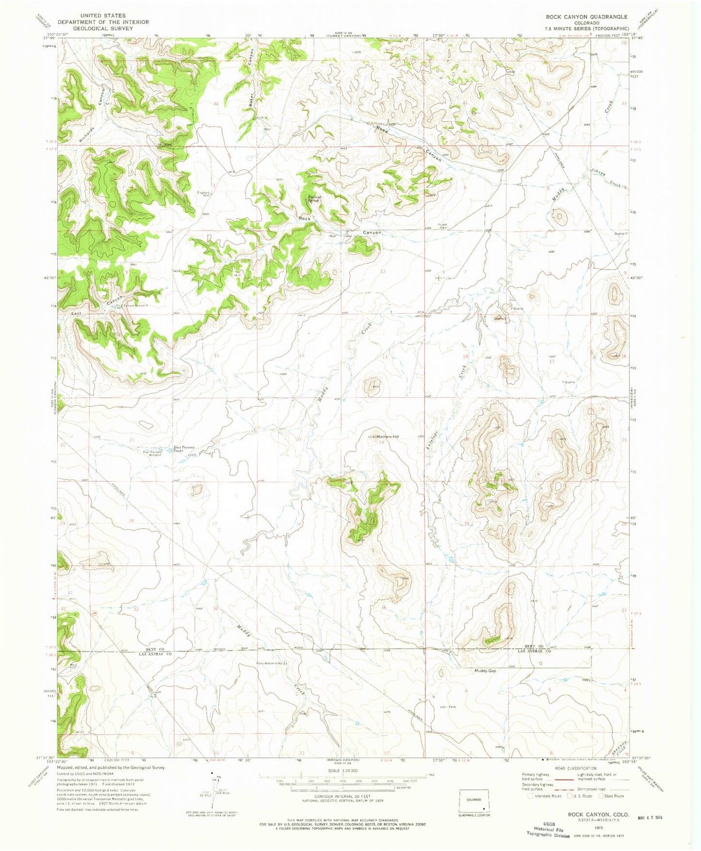 Classic USGS Rock Canyon Colorado 7.5'x7.5' Topo Map Image