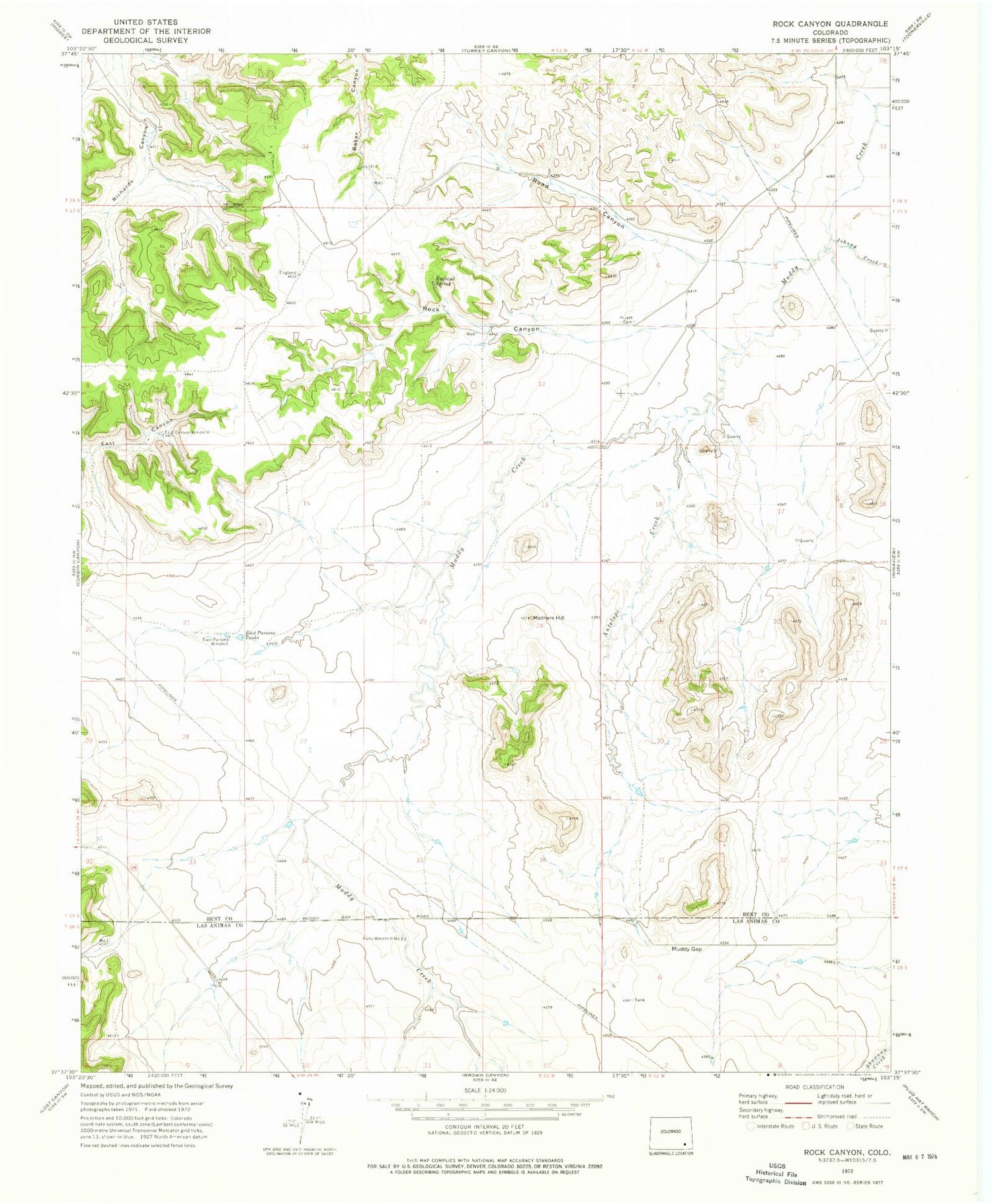 Classic USGS Rock Canyon Colorado 7.5'x7.5' Topo Map Image