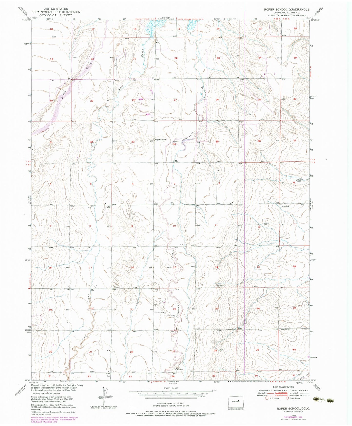 Classic USGS Roper School Colorado 7.5'x7.5' Topo Map Image