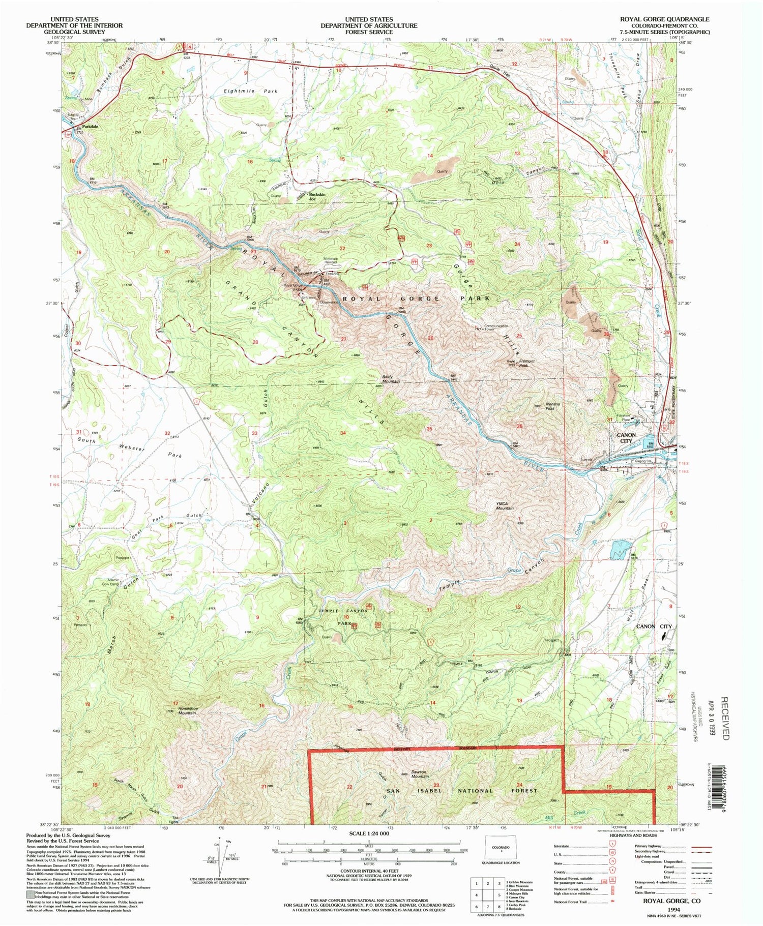 Classic USGS Royal Gorge Colorado 7.5'x7.5' Topo Map Image