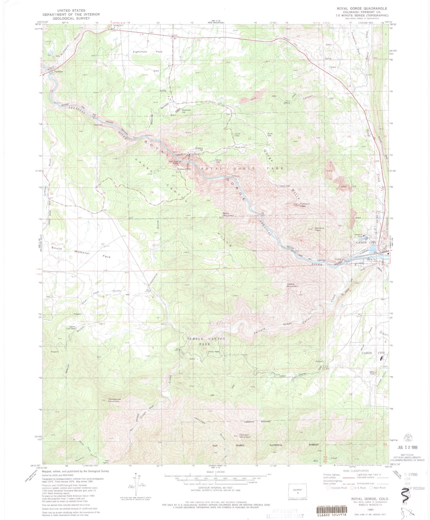 Classic USGS Royal Gorge Colorado 7.5'x7.5' Topo Map Image