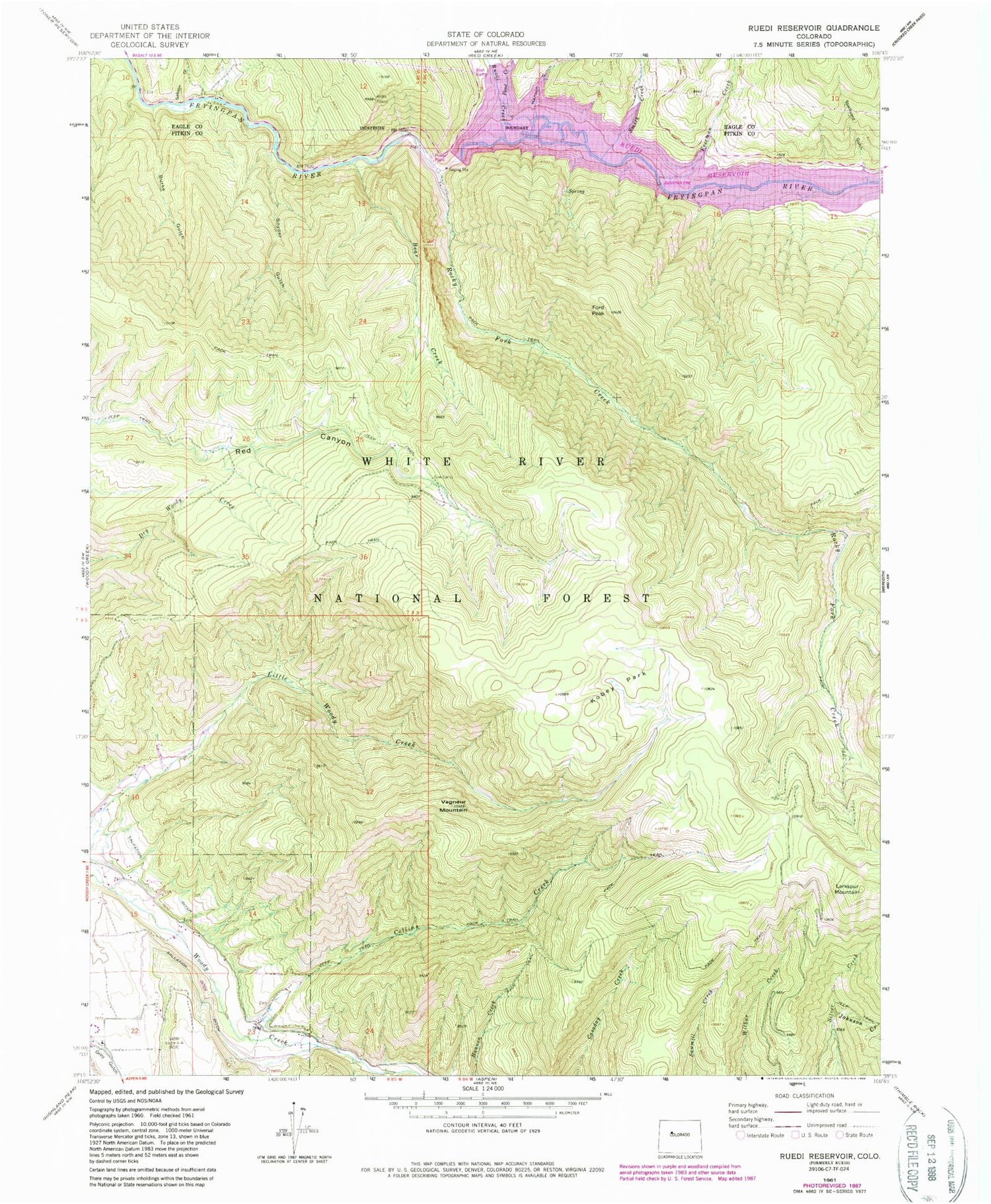Classic USGS Ruedi Reservoir Colorado 7.5'x7.5' Topo Map Image