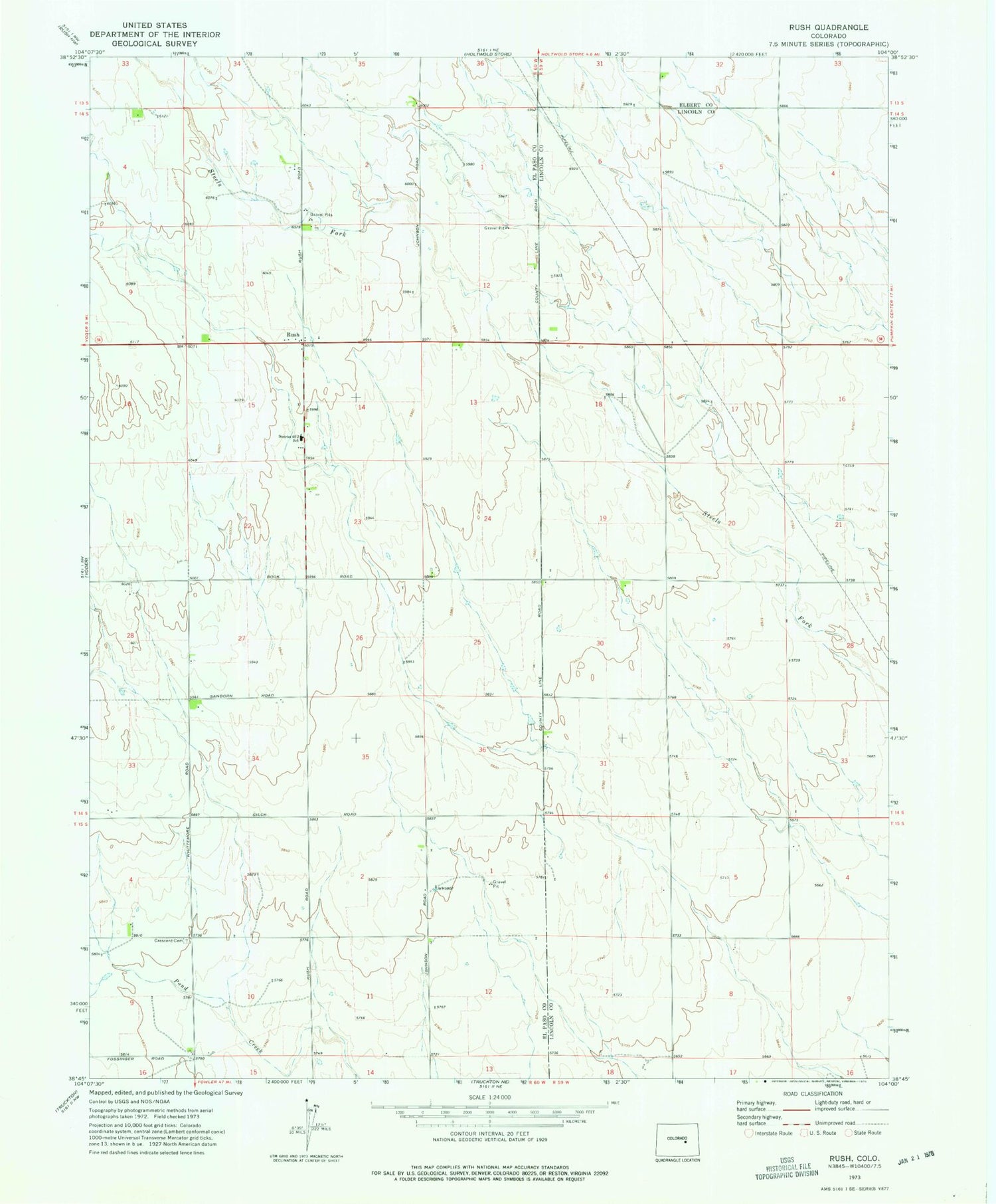 Classic USGS Rush Colorado 7.5'x7.5' Topo Map Image