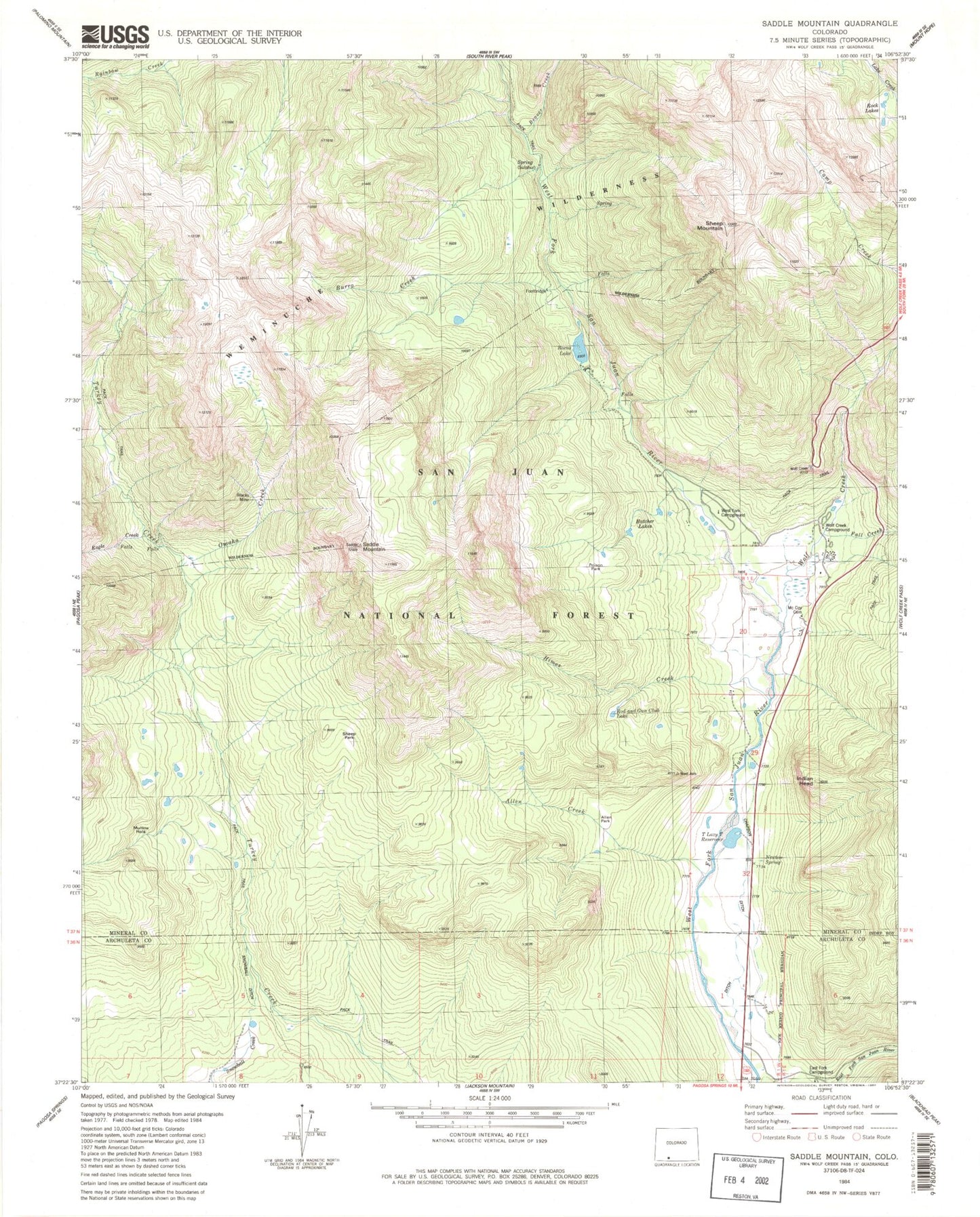 Classic USGS Saddle Mountain Colorado 7.5'x7.5' Topo Map Image
