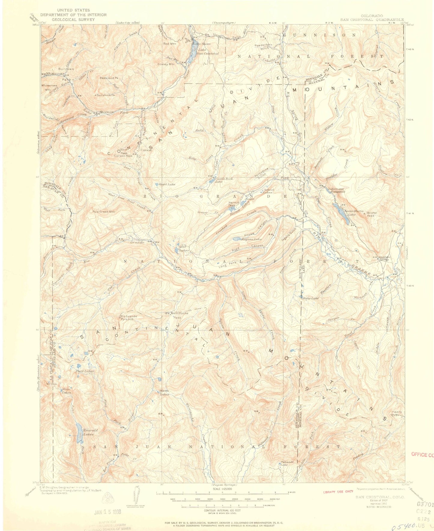 Historic 1907 San Cristobai Colorado 30'x30' Topo Map Image