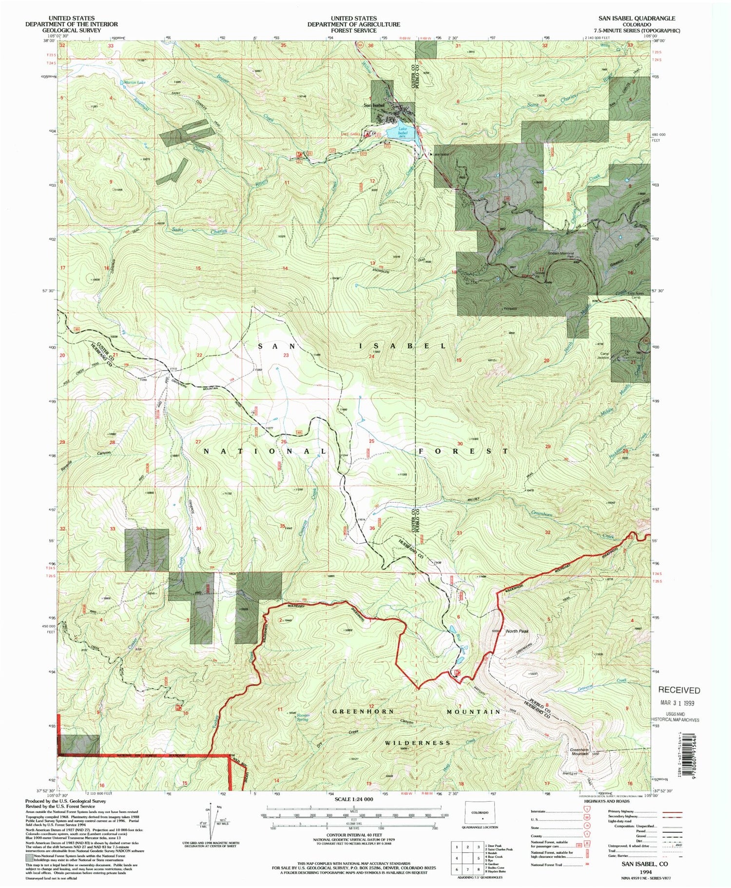 Classic USGS San Isabel Colorado 7.5'x7.5' Topo Map Image