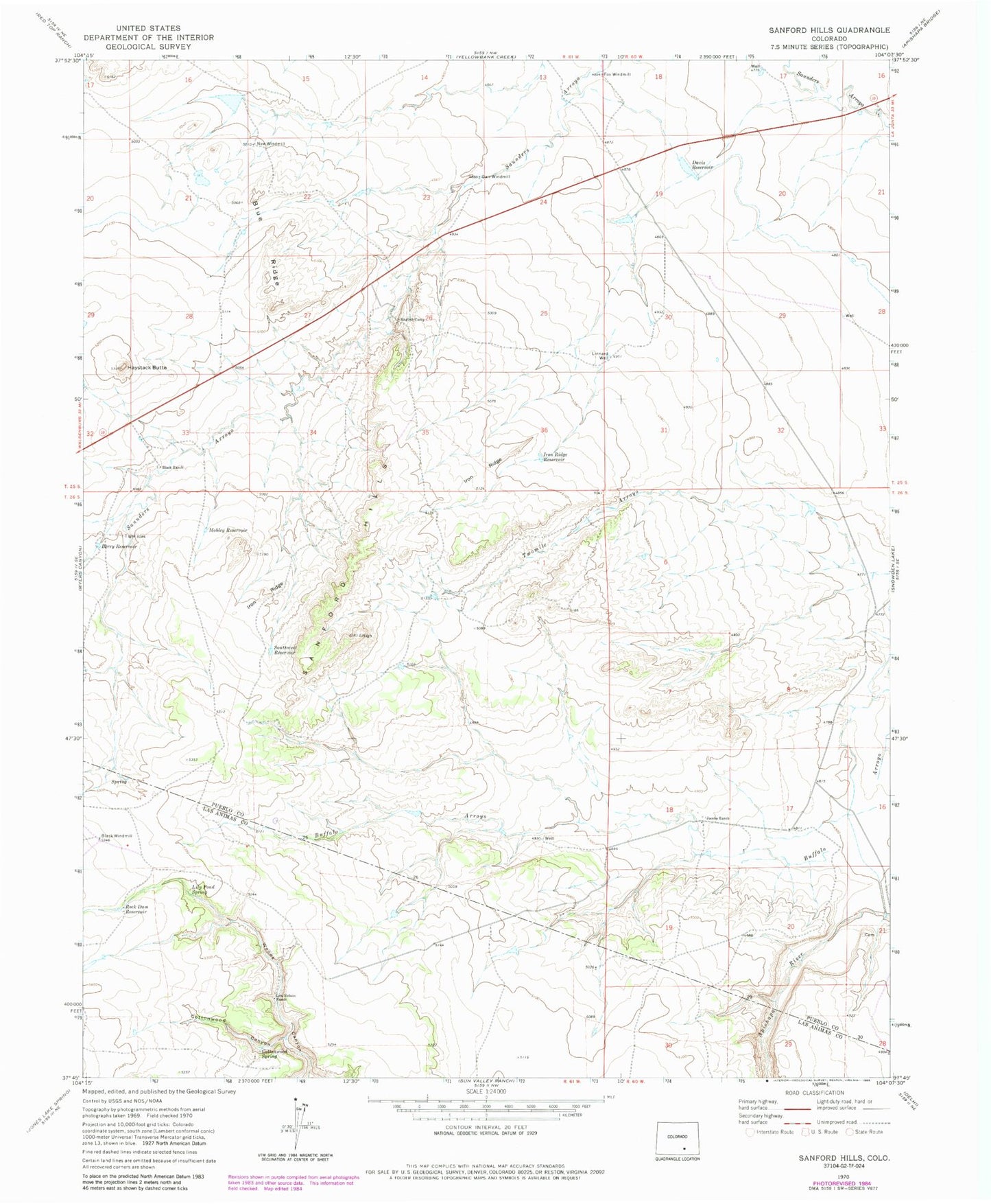 Classic USGS Sanford Hills Colorado 7.5'x7.5' Topo Map Image