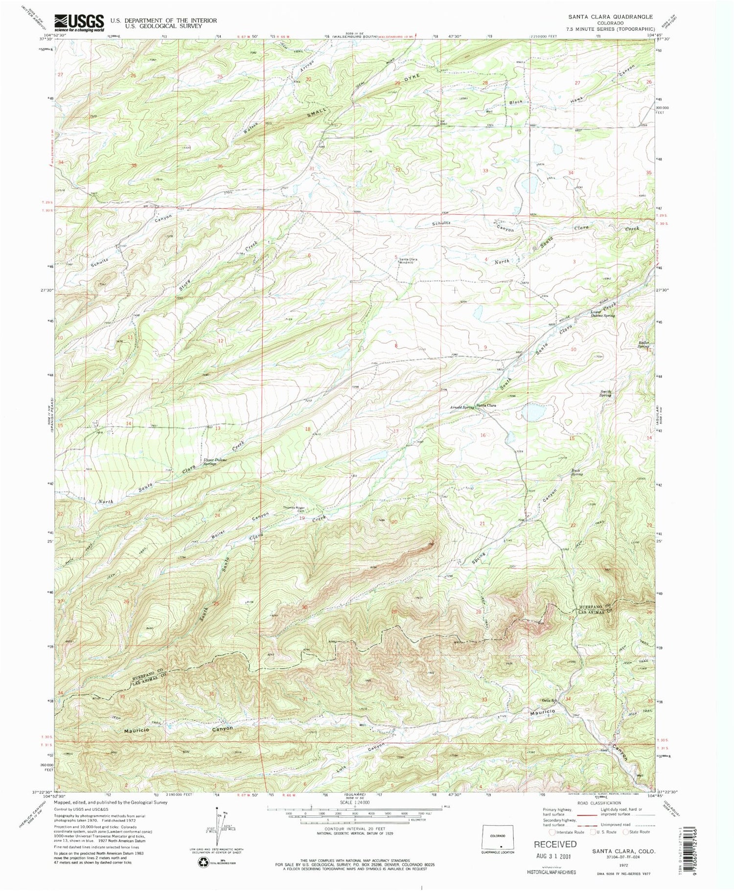 Classic USGS Santa Clara Colorado 7.5'x7.5' Topo Map Image