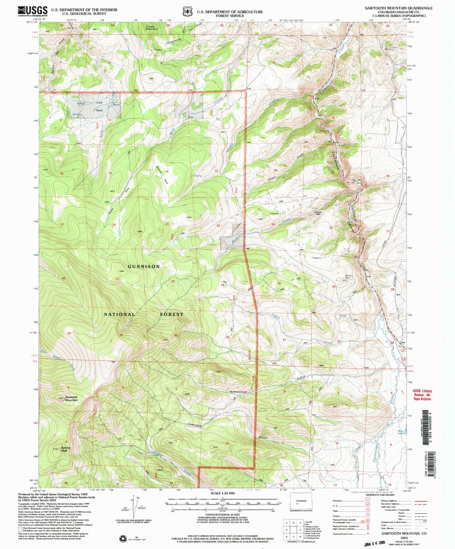 Classic USGS Sawtooth Mountain Colorado 7.5'x7.5' Topo Map Image
