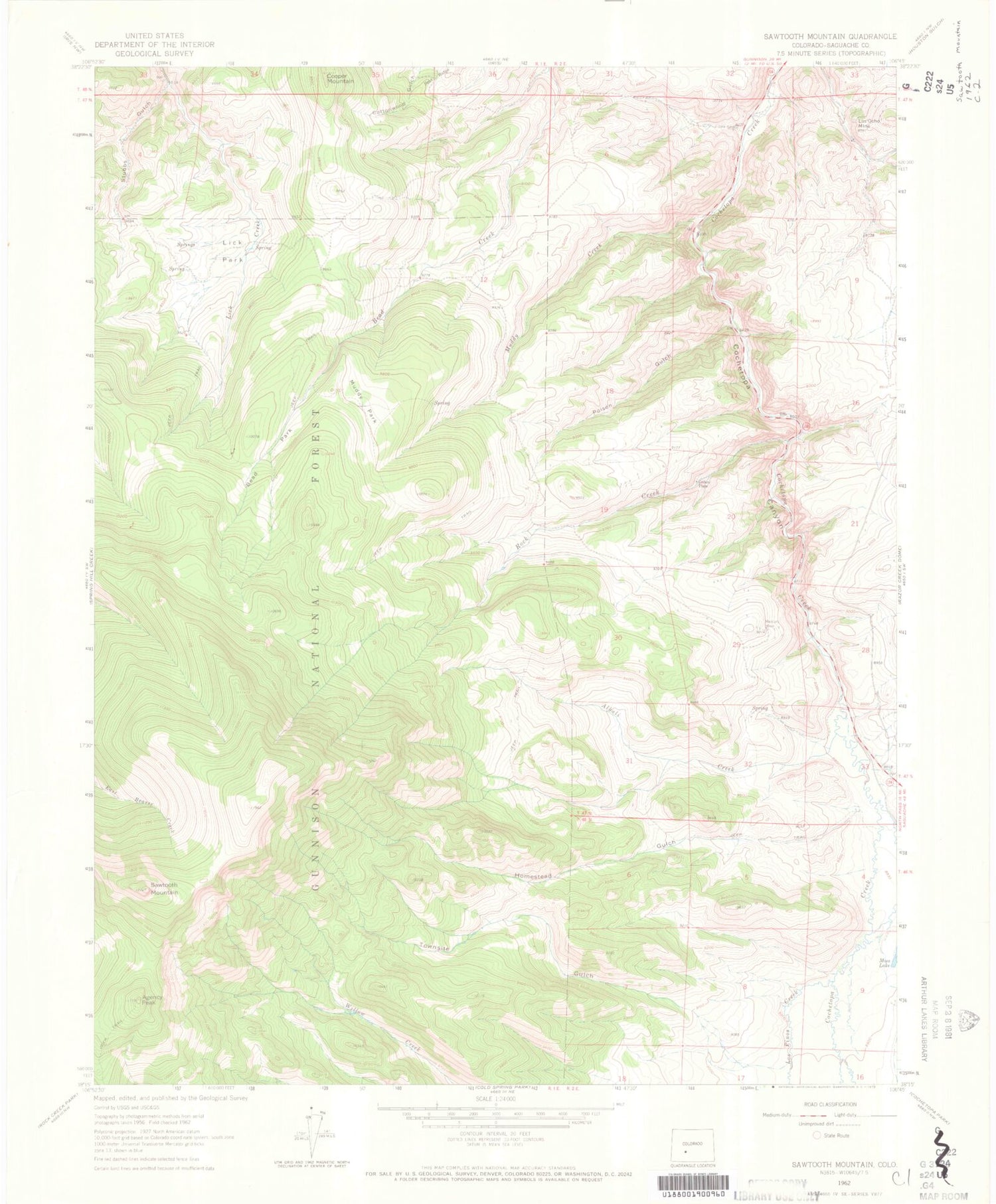 Classic USGS Sawtooth Mountain Colorado 7.5'x7.5' Topo Map Image