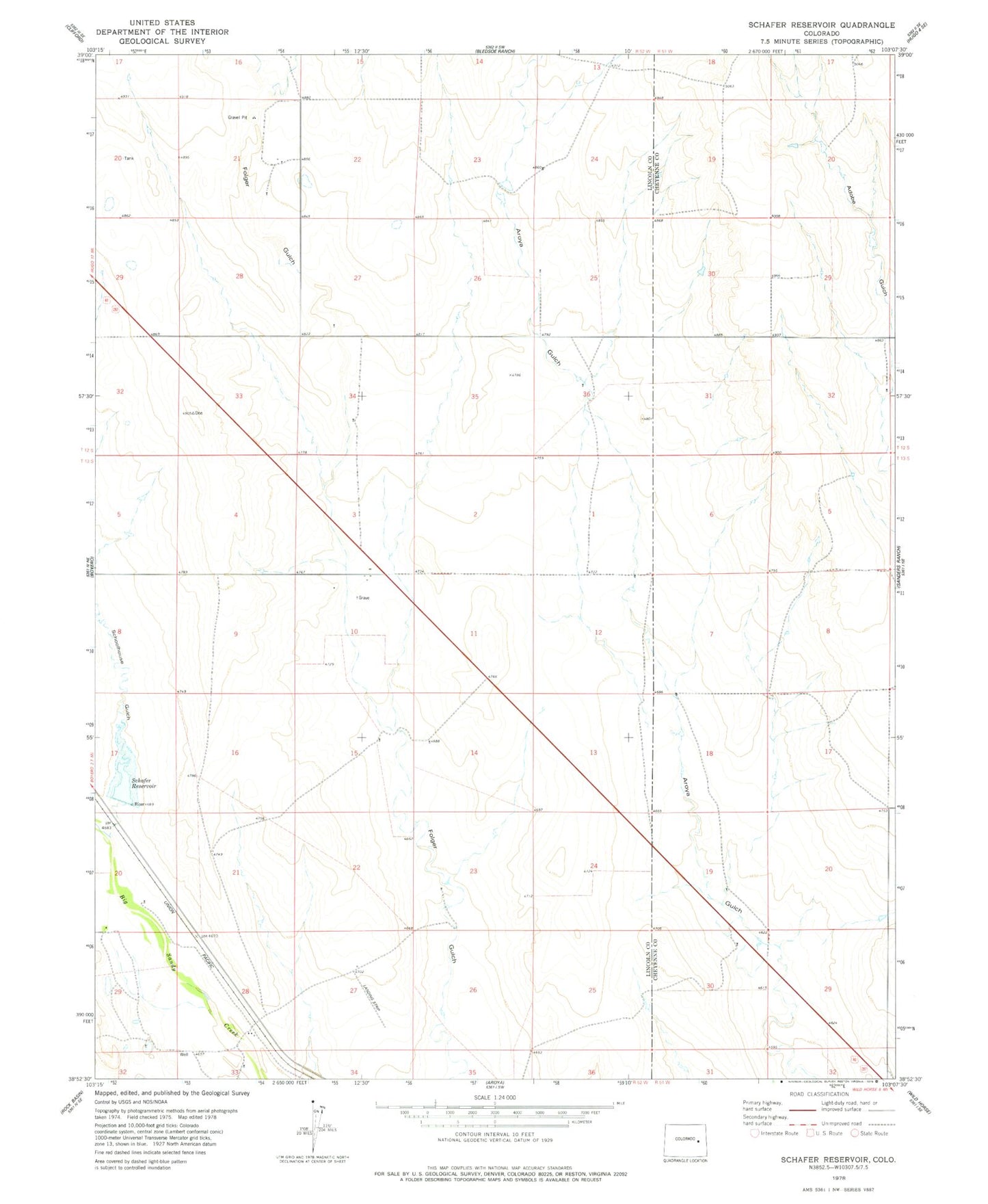 Classic USGS Schafer Reservoir Colorado 7.5'x7.5' Topo Map Image