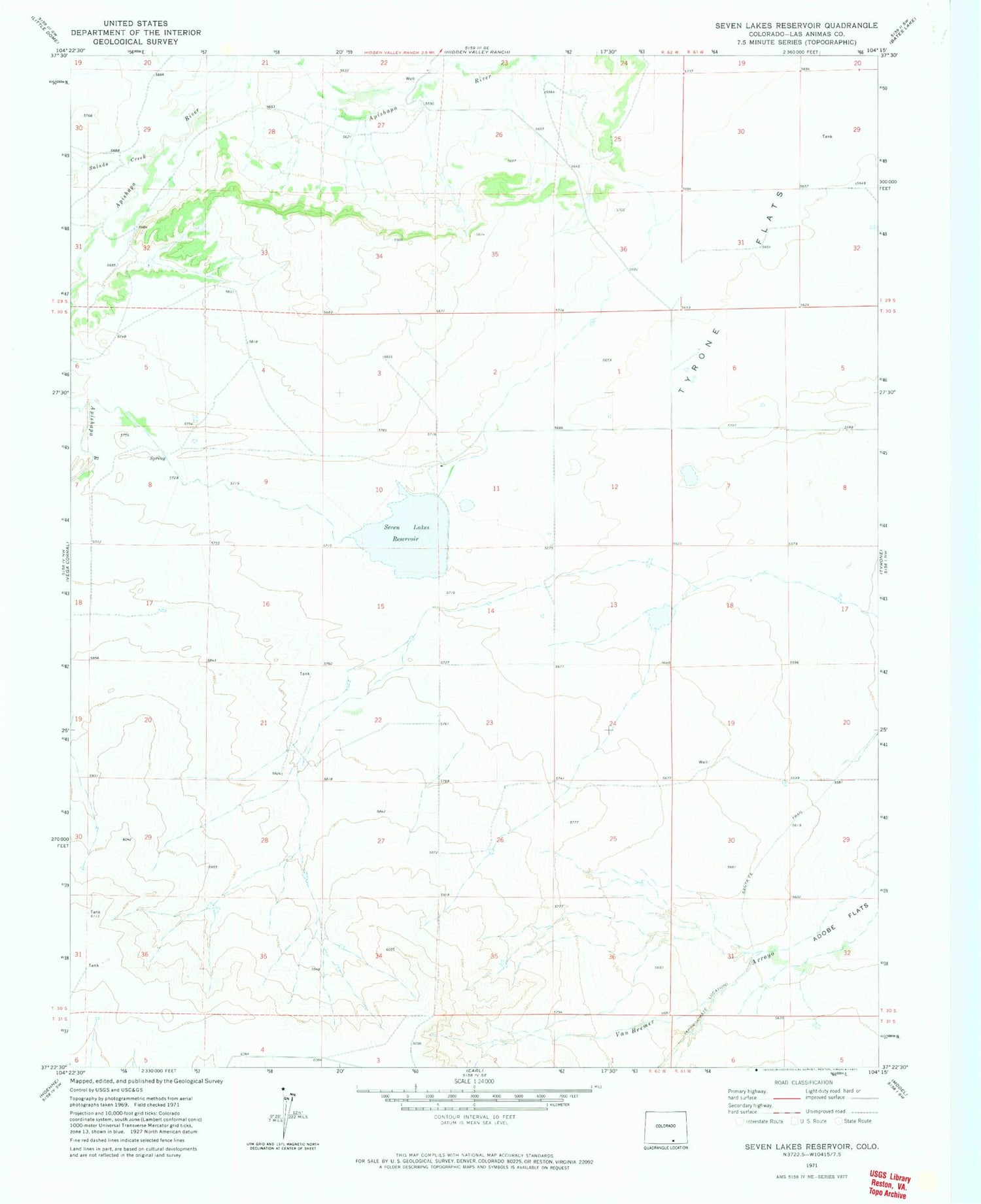 Classic USGS Seven Lakes Reservoir Colorado 7.5'x7.5' Topo Map Image