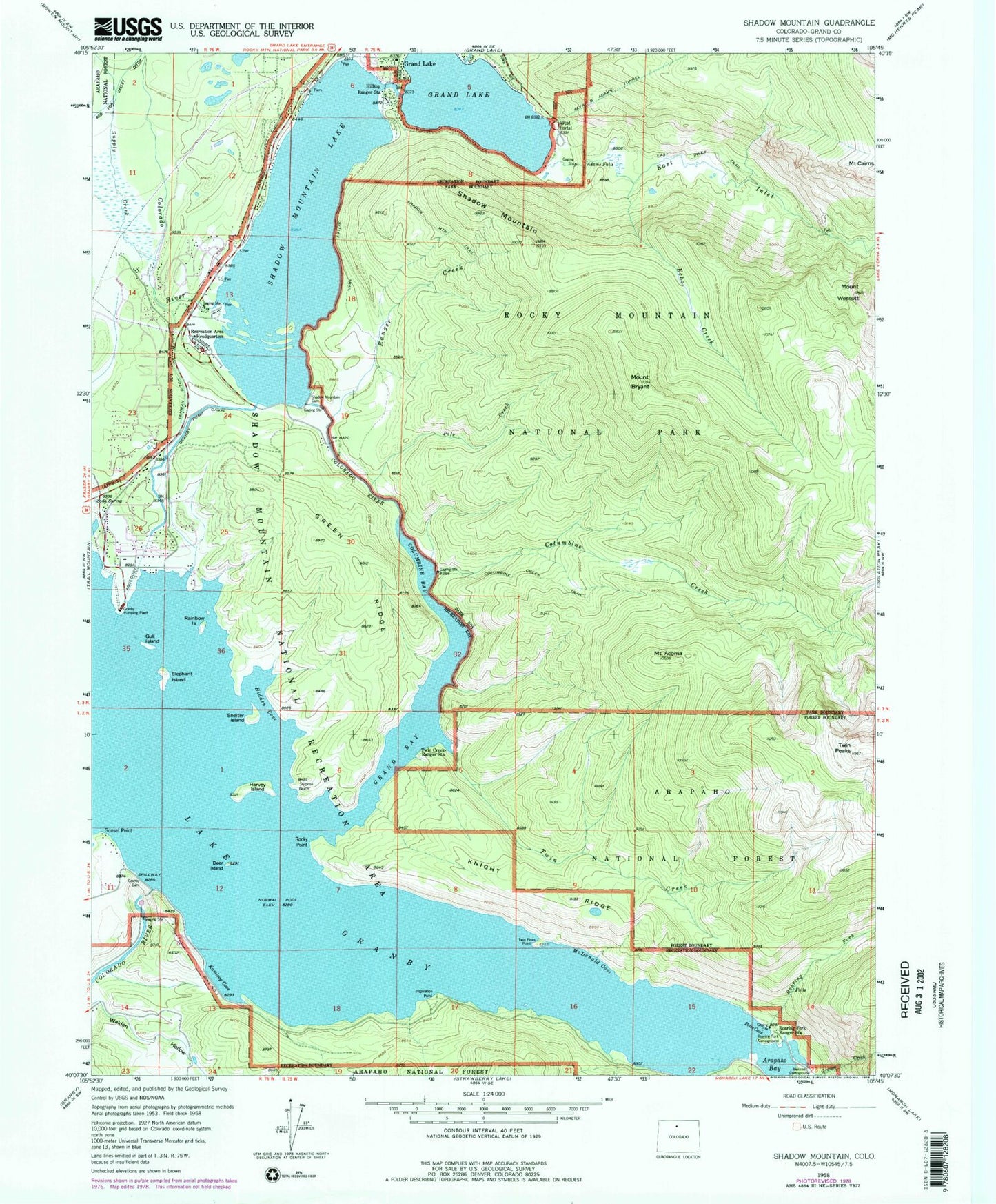 Classic USGS Shadow Mountain Colorado 7.5'x7.5' Topo Map Image