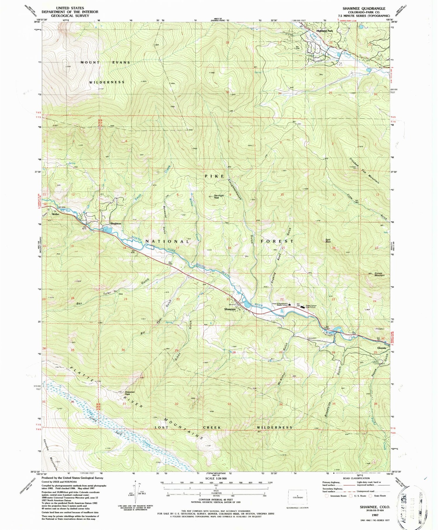 Classic USGS Shawnee Colorado 7.5'x7.5' Topo Map Image