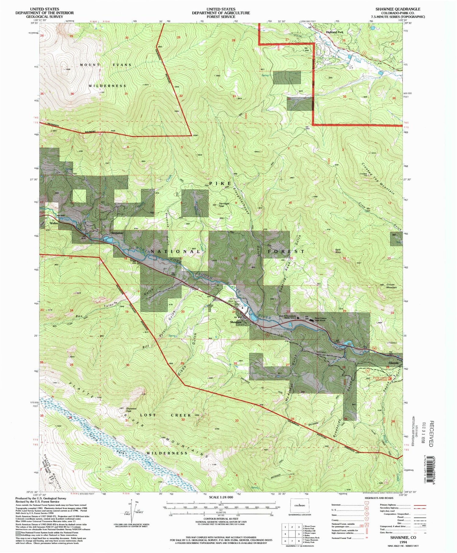 Classic USGS Shawnee Colorado 7.5'x7.5' Topo Map Image