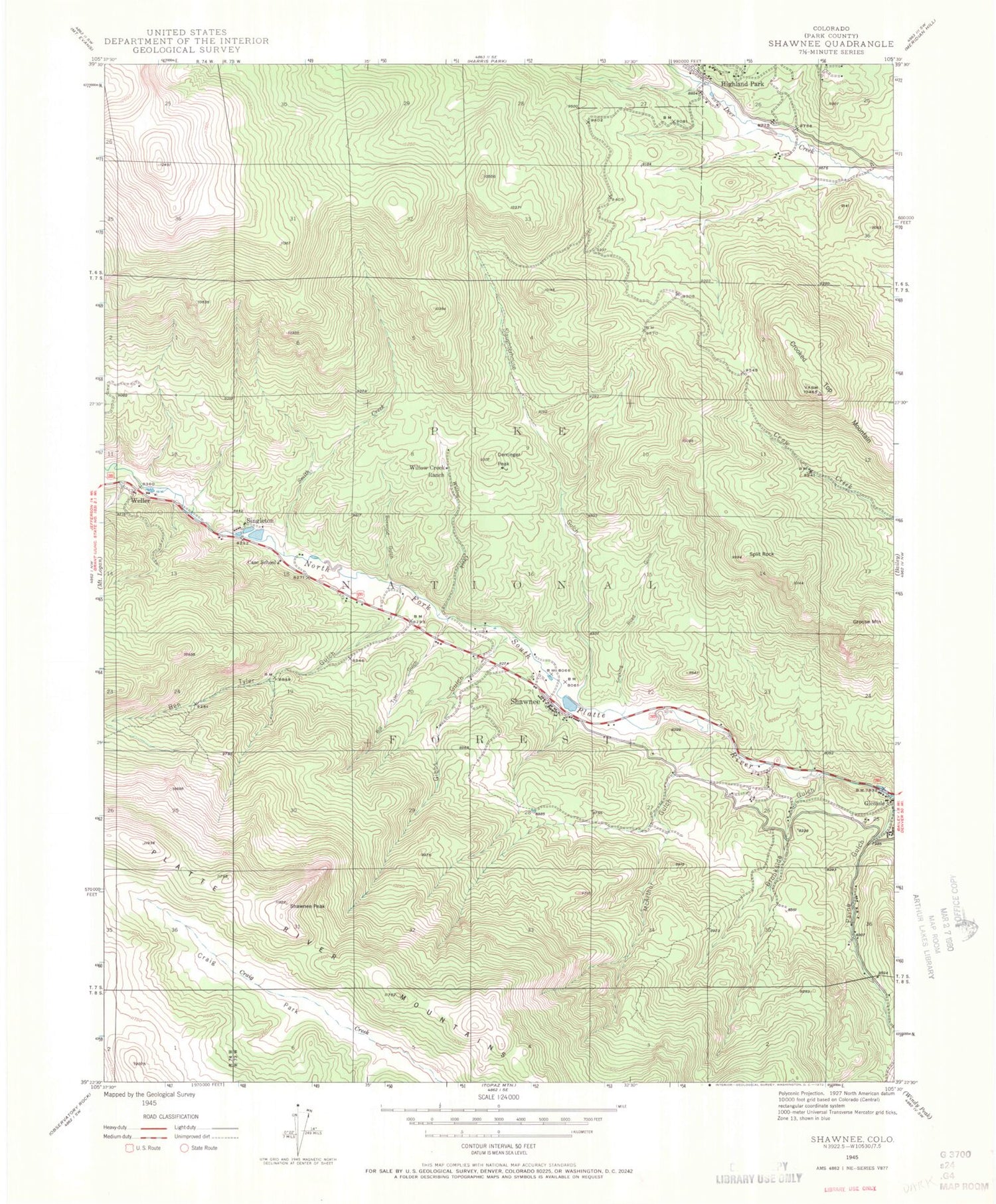 Classic USGS Shawnee Colorado 7.5'x7.5' Topo Map Image