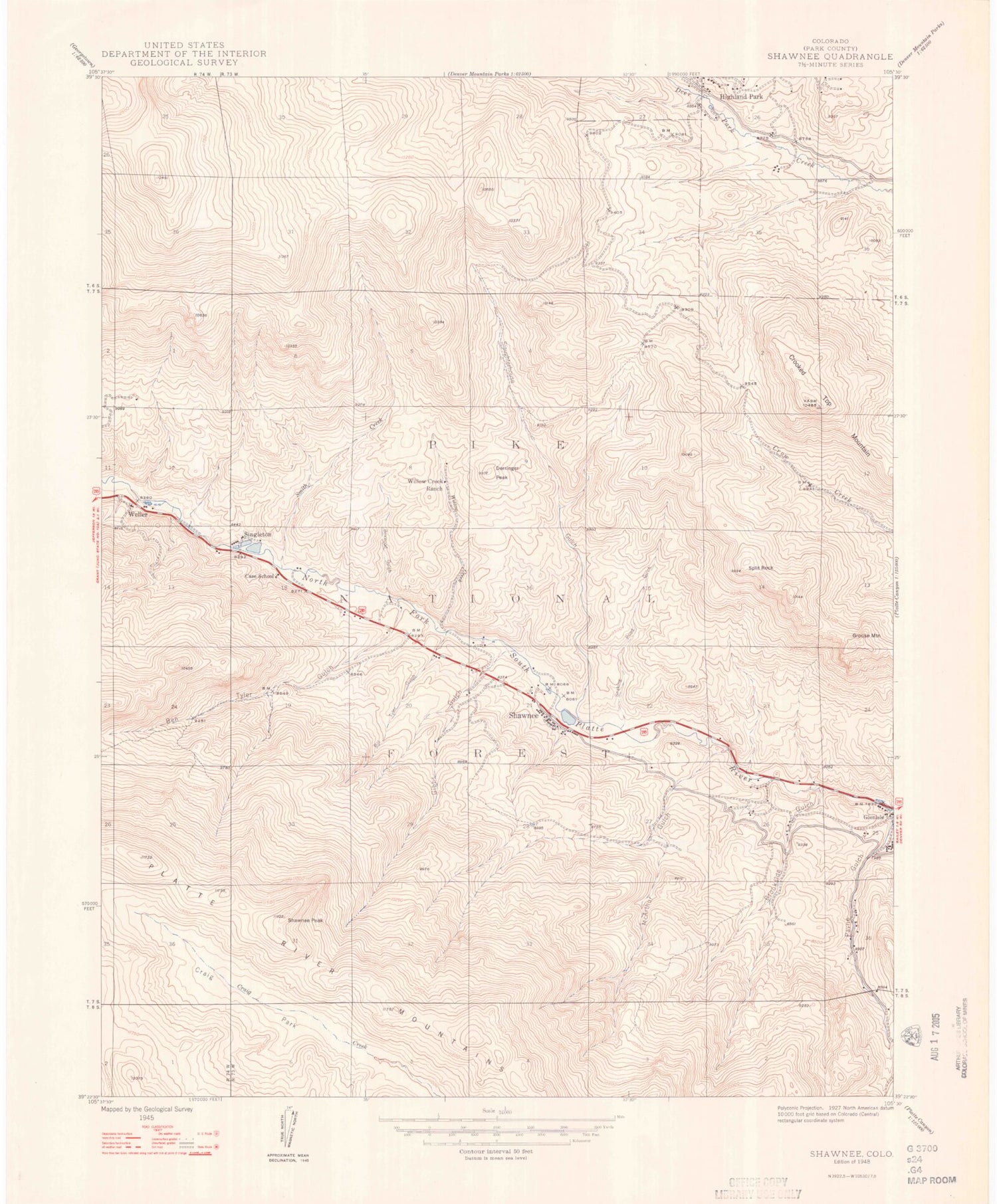 Classic USGS Shawnee Colorado 7.5'x7.5' Topo Map Image
