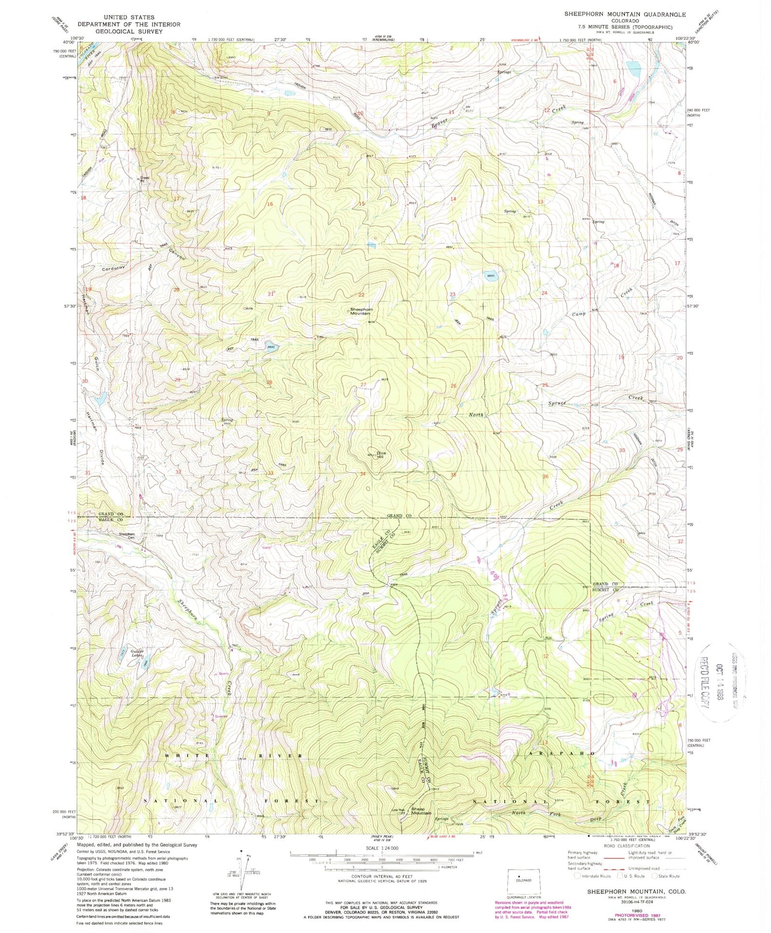 Classic USGS Sheephorn Mountain Colorado 7.5'x7.5' Topo Map Image