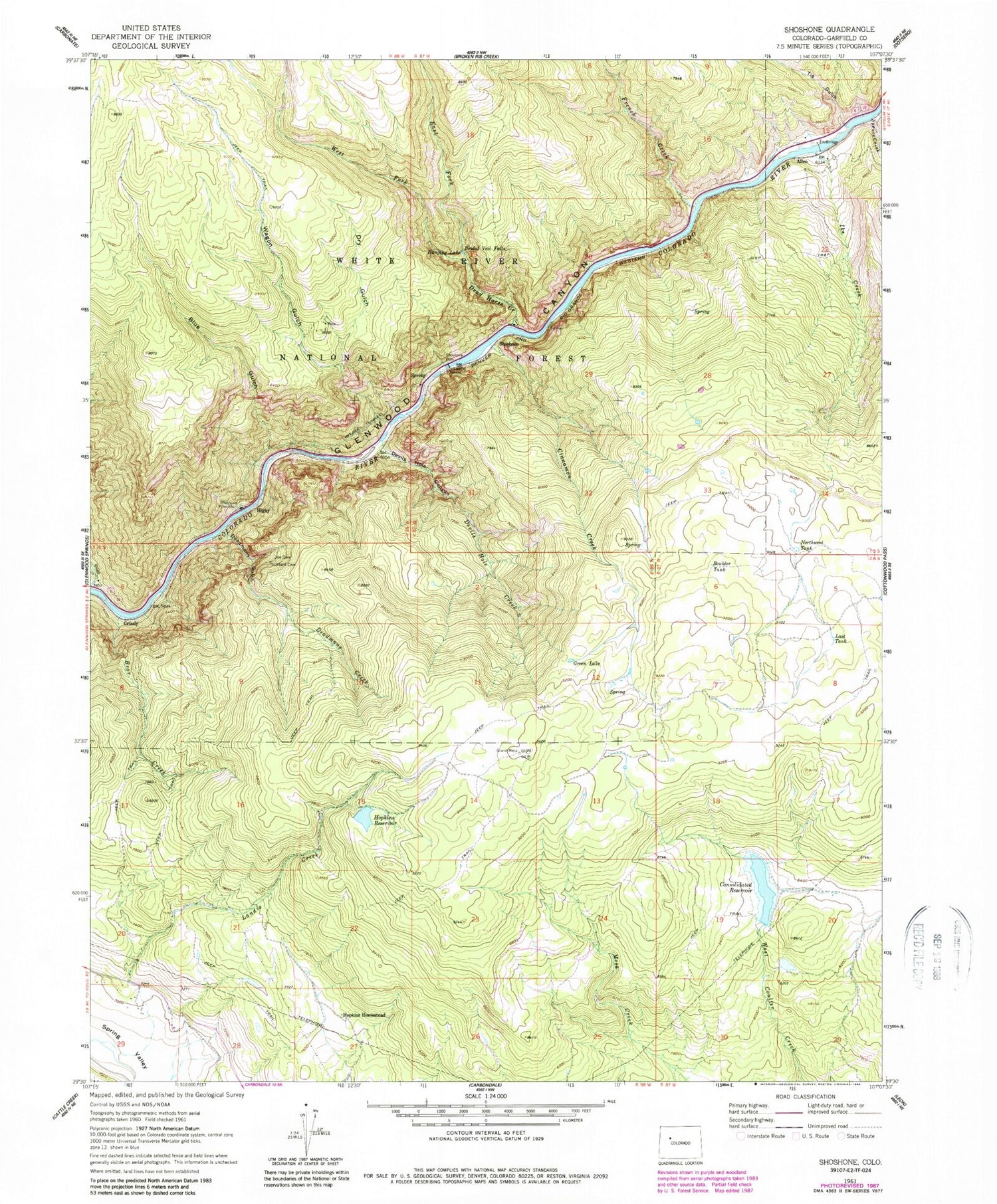 Classic USGS Shoshone Colorado 7.5'x7.5' Topo Map Image