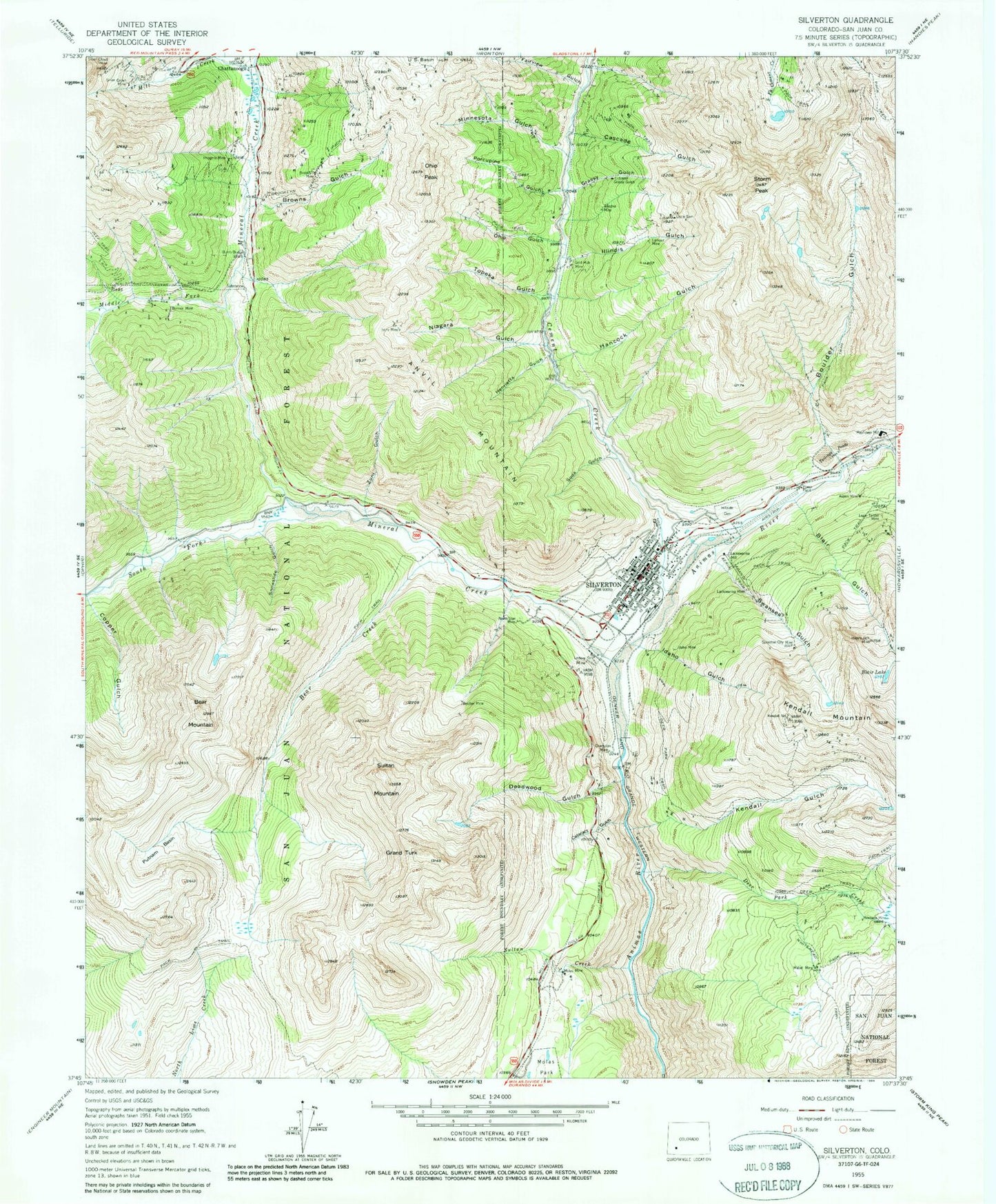 Classic USGS Silverton Colorado 7.5'x7.5' Topo Map Image