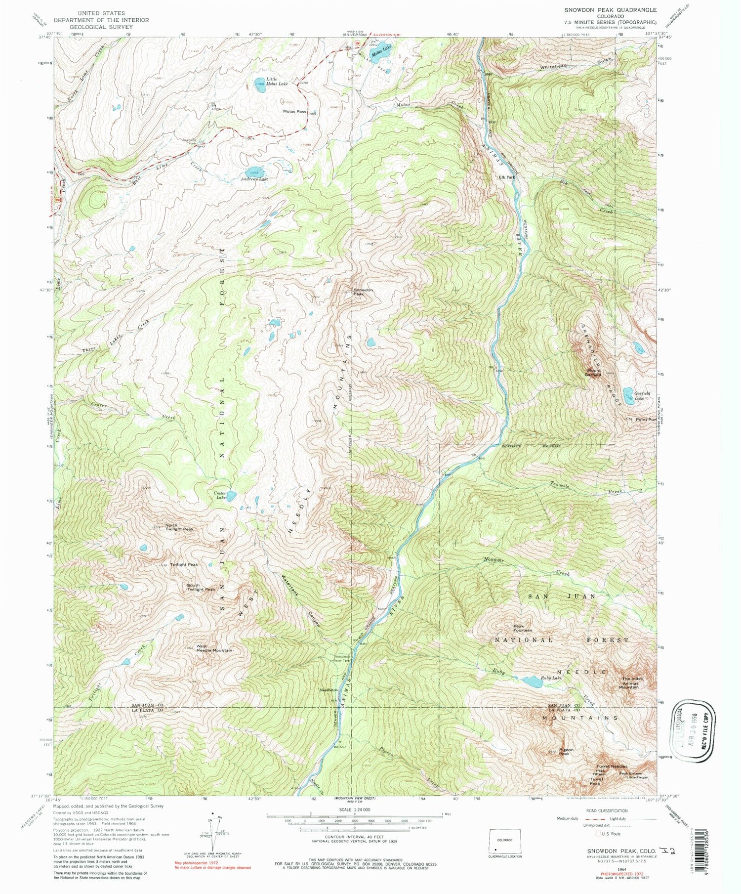 USGS Classic Snowdon Peak Colorado 7.5'x7.5' Topo Map Image