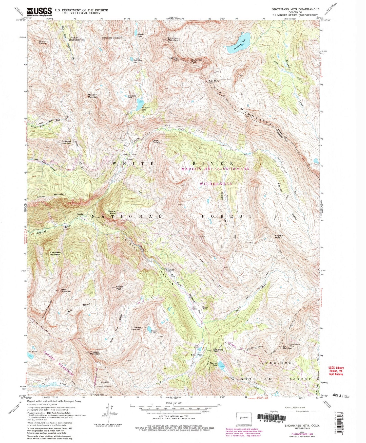 USGS Classic Snowmass Mountain Colorado 7.5'x7.5' Topo Map Image