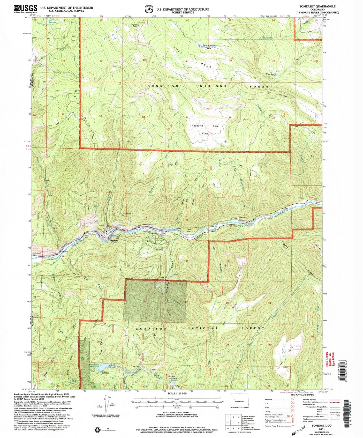 Classic USGS Somerset Colorado 7.5'x7.5' Topo Map Image