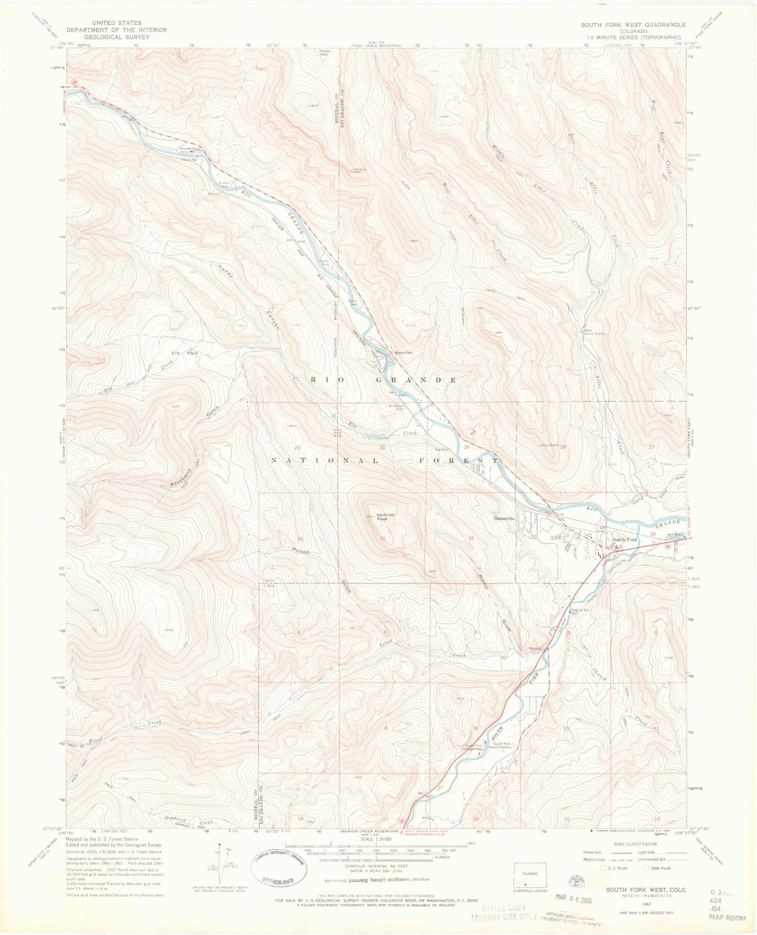 Classic USGS South Fork West Colorado 7.5'x7.5' Topo Map Image