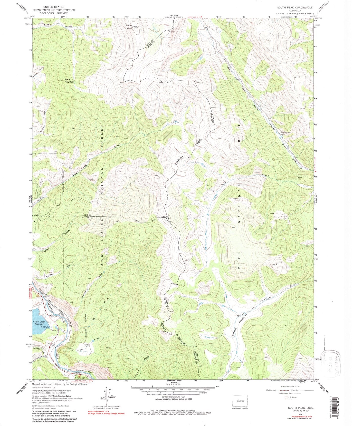 Classic USGS South Peak Colorado 7.5'x7.5' Topo Map Image