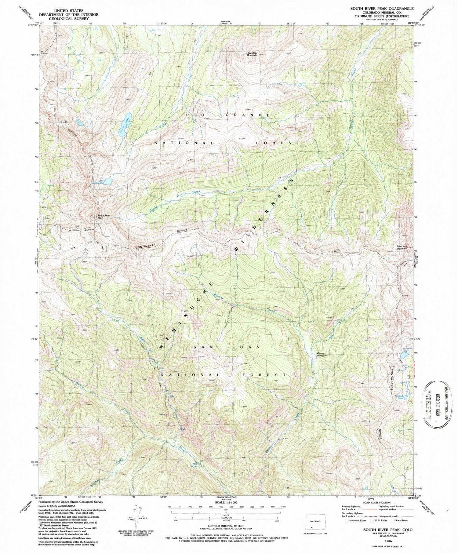 Classic USGS South River Peak Colorado 7.5'x7.5' Topo Map Image