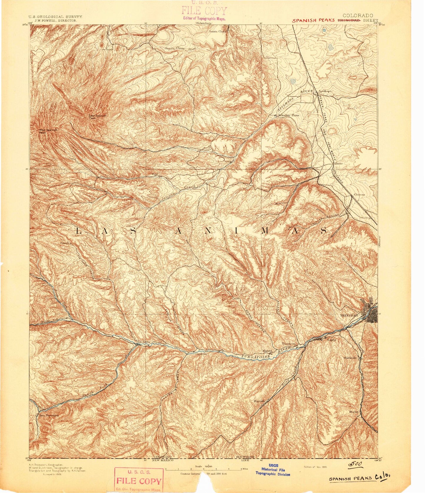 Historic 1893 Spanish Peaks Colorado 30'x30' Topo Map Image