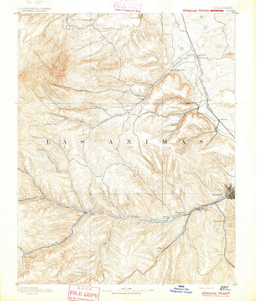Historic 1891 Spanish Peaks Colorado 30'x30' Topo Map Image