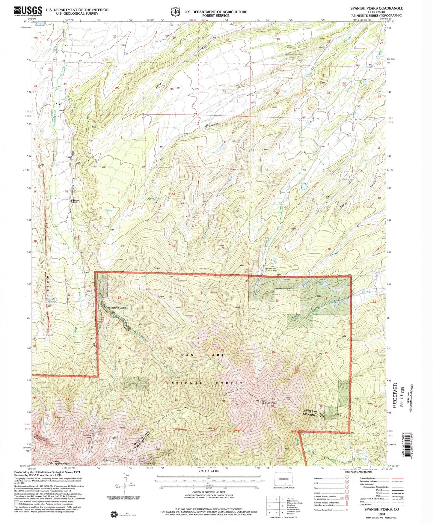 Classic USGS Spanish Peaks Colorado 7.5'x7.5' Topo Map Image