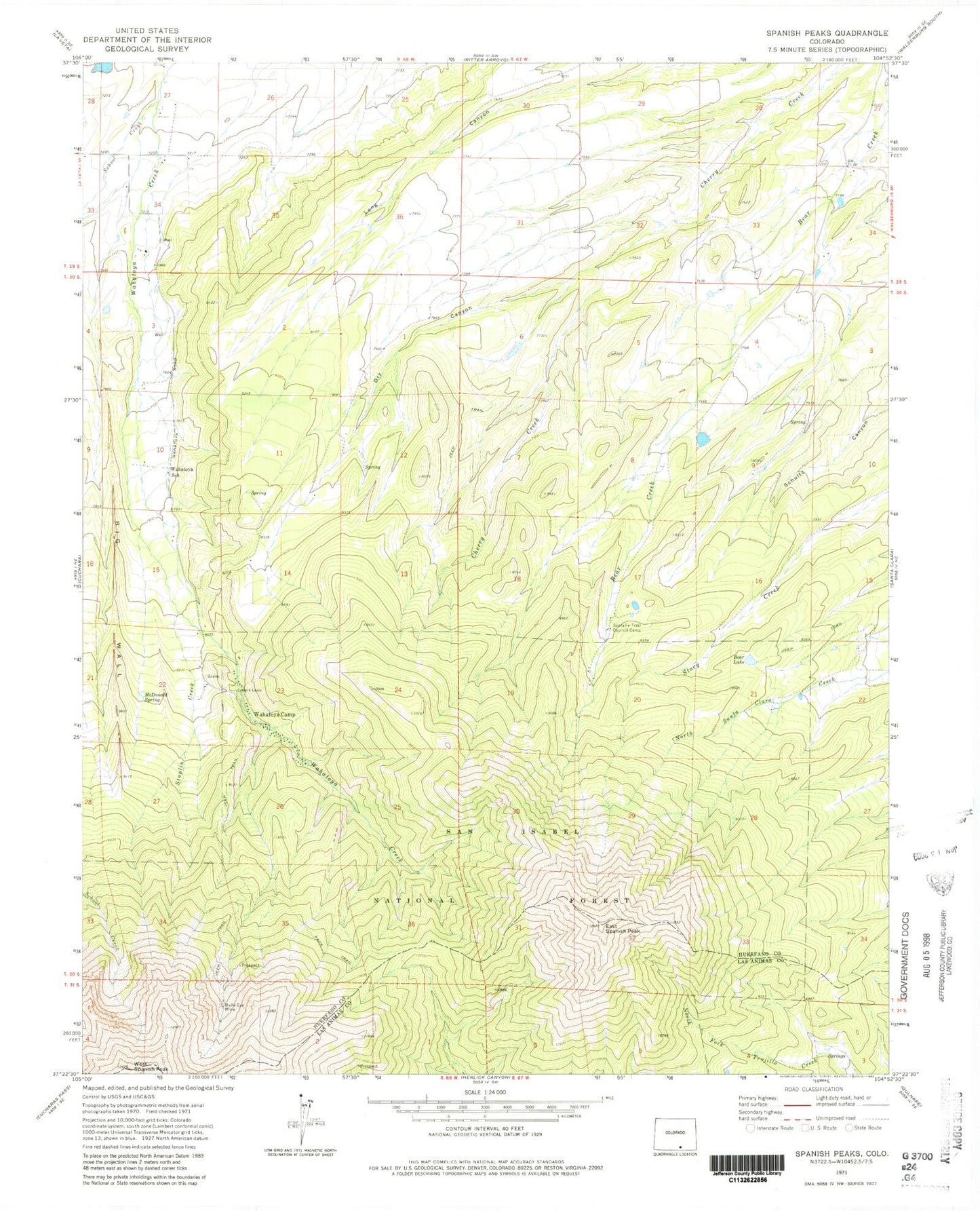 Classic USGS Spanish Peaks Colorado 7.5'x7.5' Topo Map Image