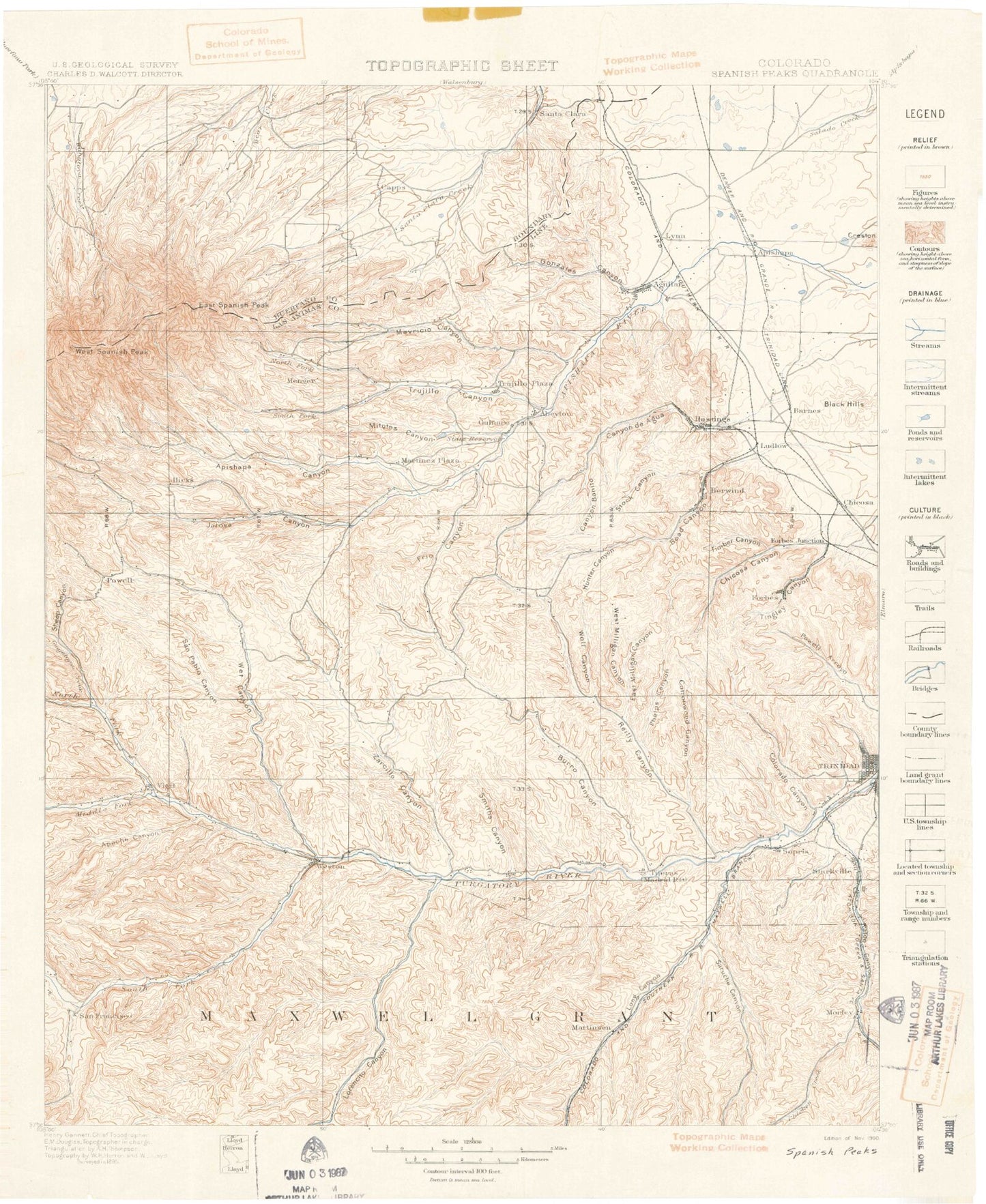 Historic 1900 Spanish Peaks Colorado 30'x30' Topo Map Image