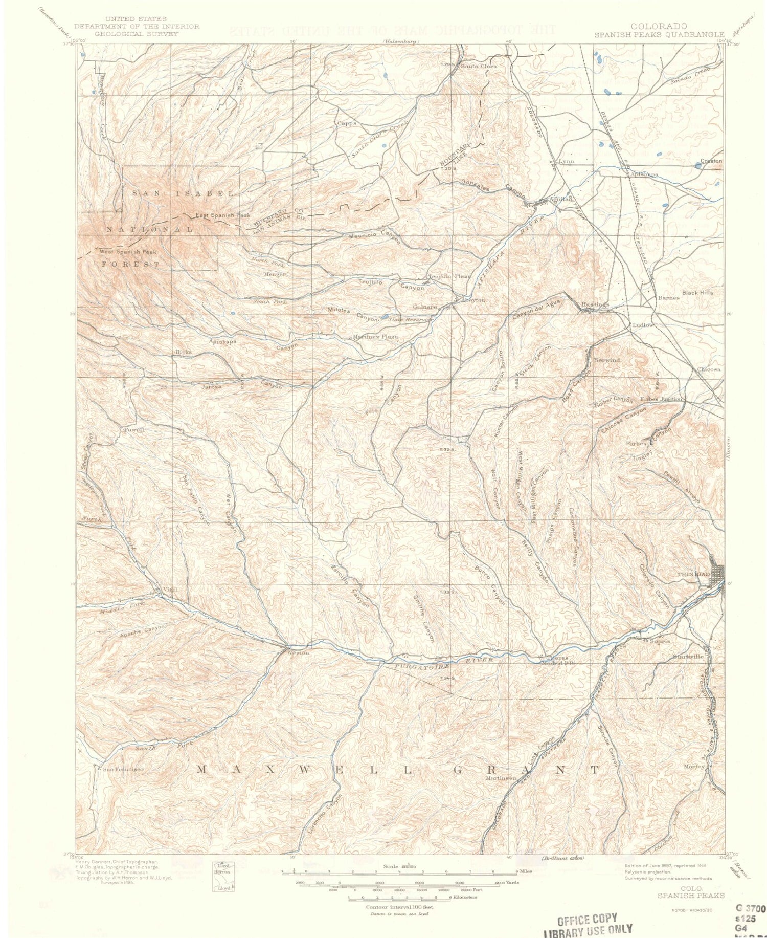 Historic 1897 Spanish Peaks Colorado 30'x30' Topo Map Image