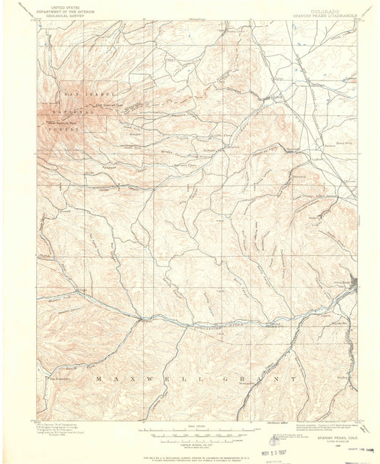 Historic 1895 Spanish Peaks Colorado 30'x30' Topo Map Image