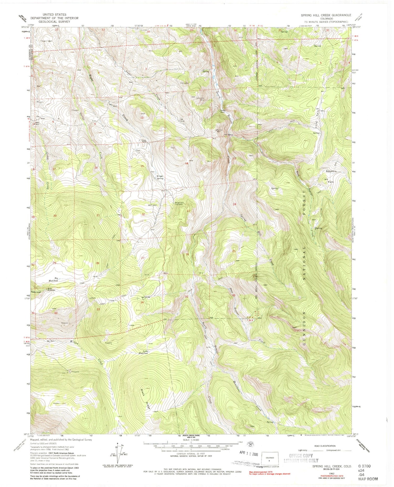 Classic USGS Spring Hill Creek Colorado 7.5'x7.5' Topo Map Image