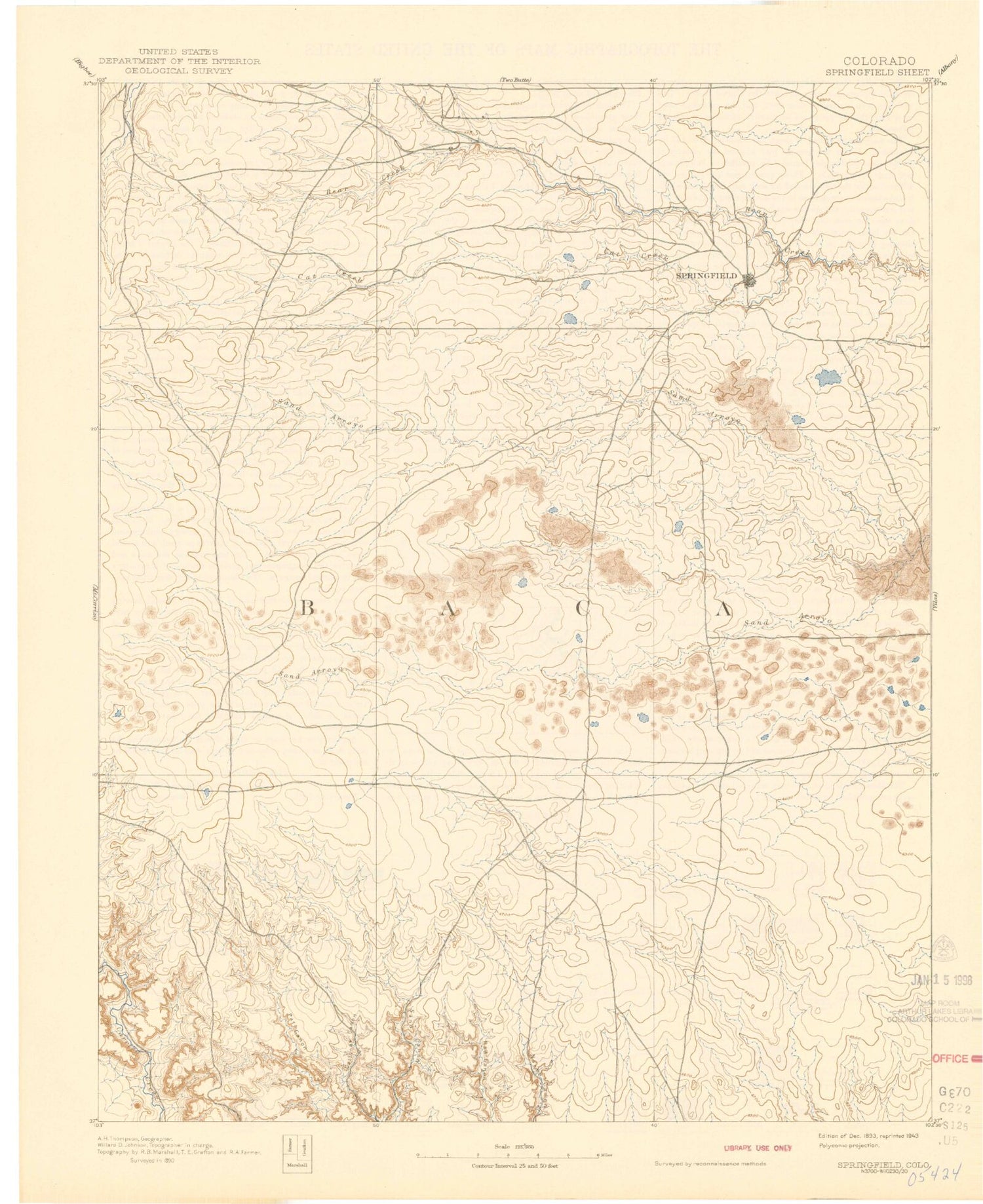 Historic 1893 Springfield Colorado 30'x30' Topo Map Image
